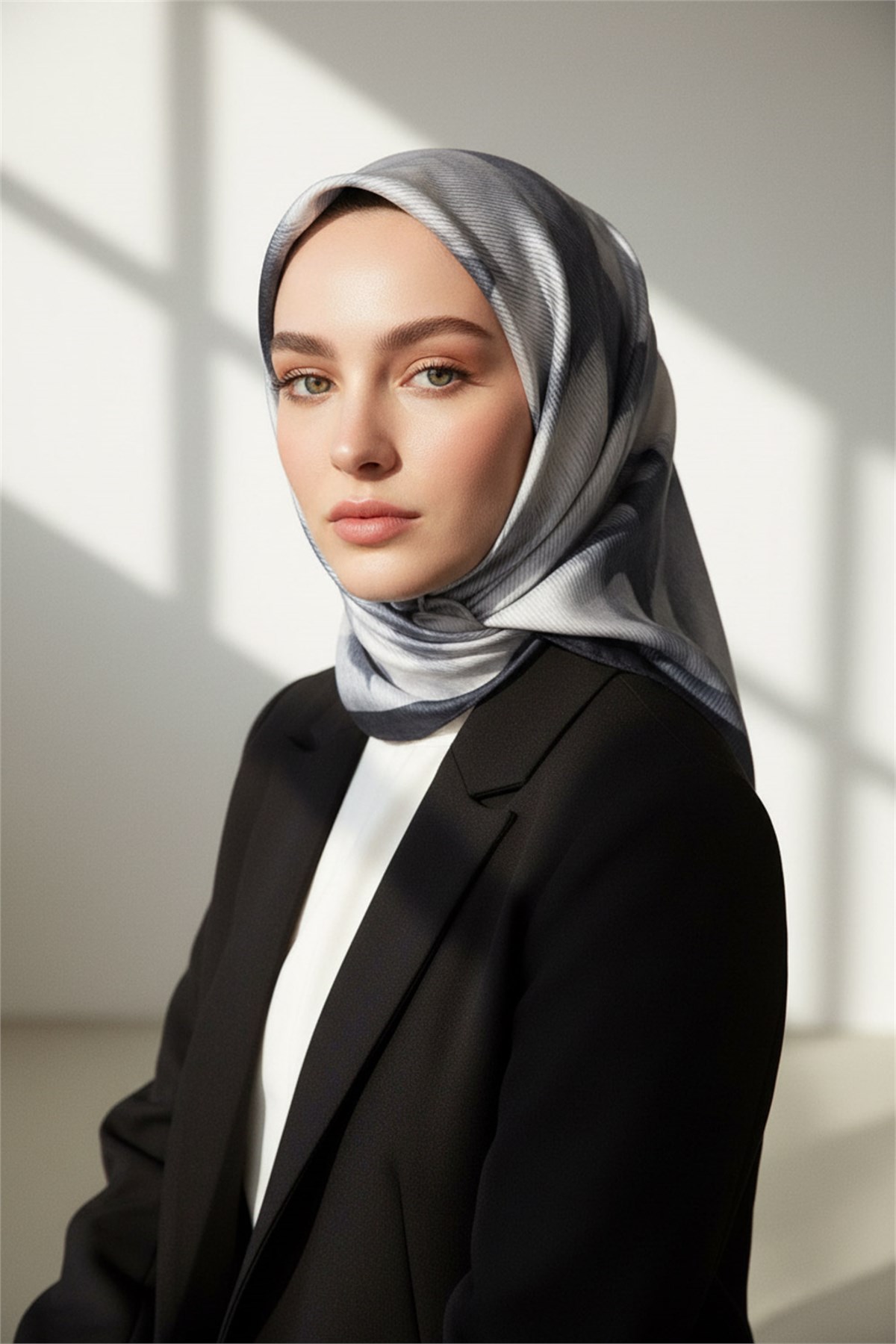 %100 Twill İpek Yaprak Desenli Gri - Siyah Renkli 90x90 Eşarp Dikim Şekli : El Dikişi