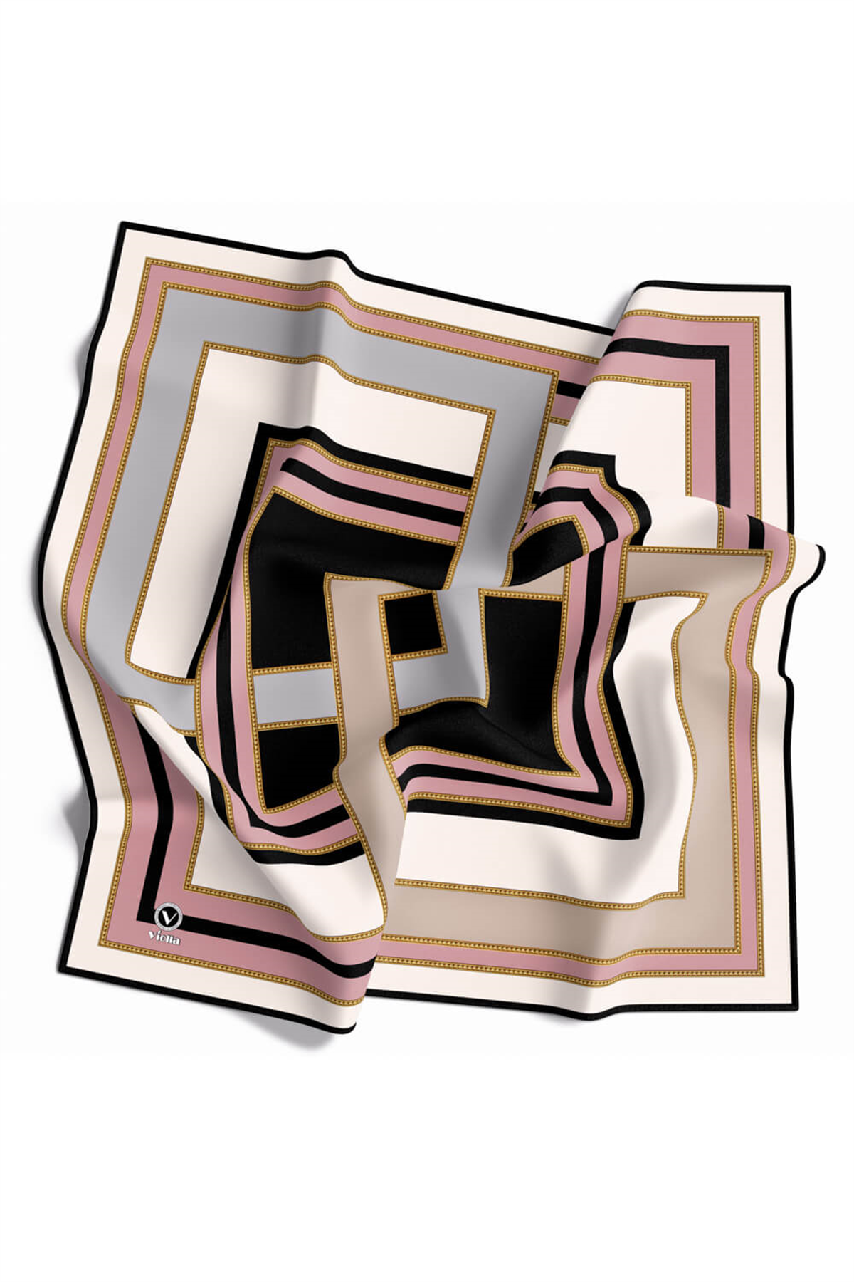 Twill Çerçeve Desenli Gri - Pudra Renkli 90x90 Eşarp (İpek İçermez) Kenar Dikiş Şekli El Dikişli