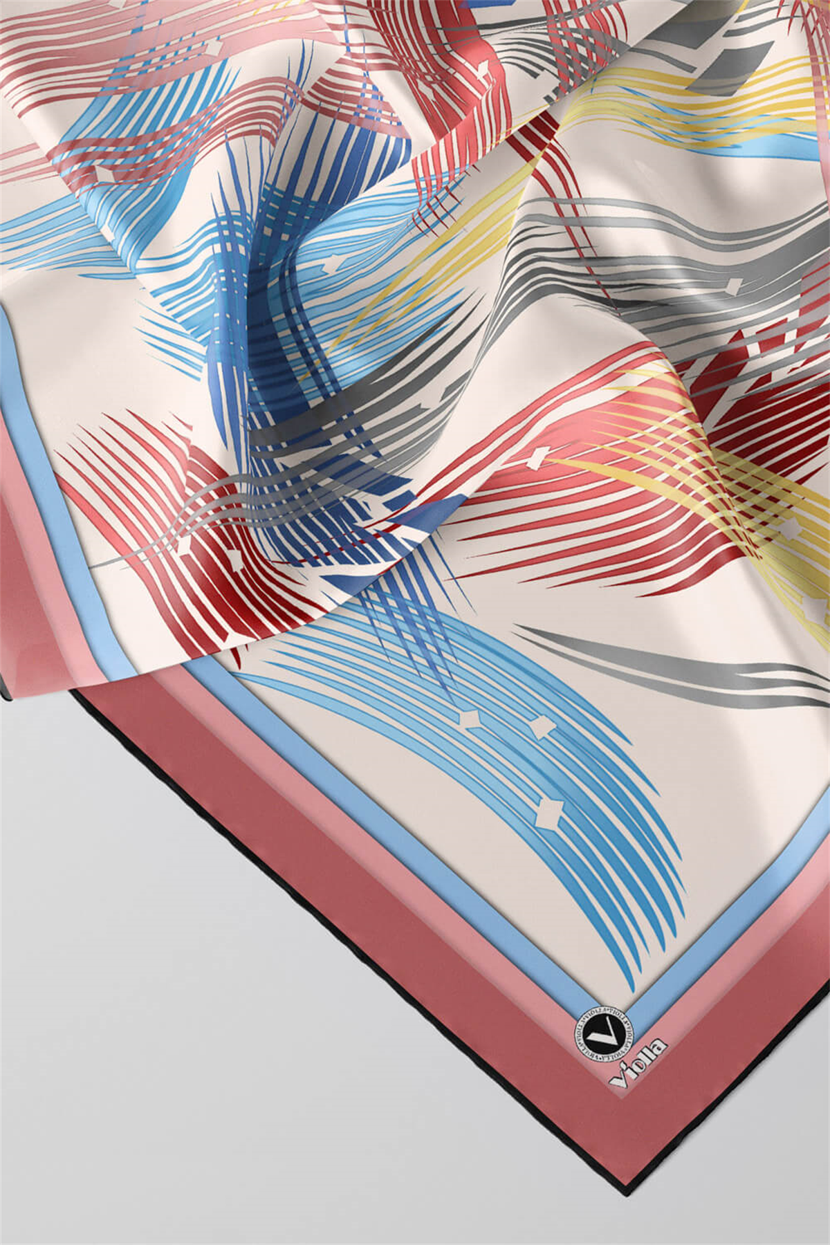 Twill Geometrik Desenli Pudra Renkli 90x90 Eşarp (İpek İçermez) Kenar Dikiş Şekli El Dikişli