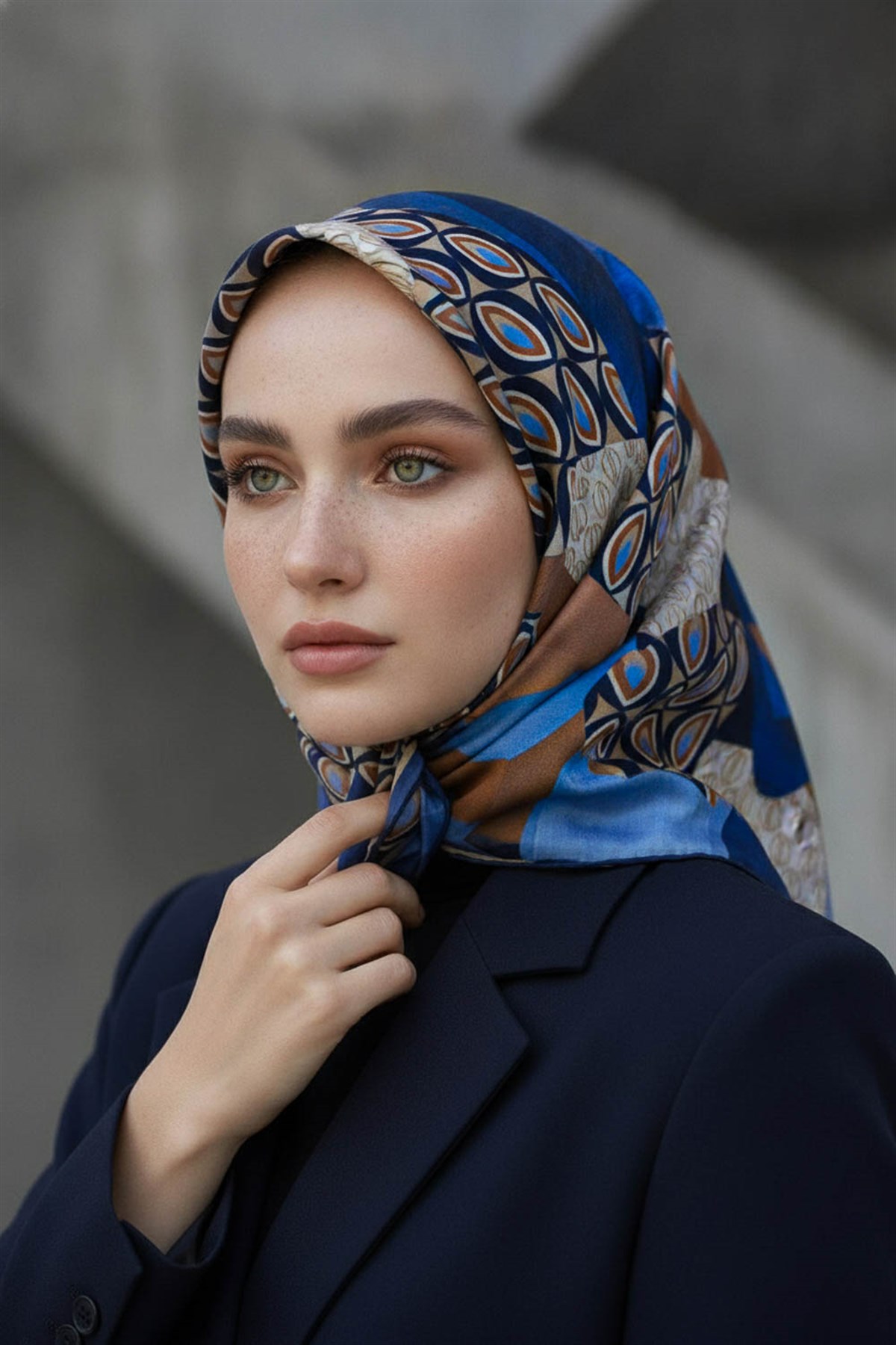 %100 Twill İpek Geometrik Desenli Lacivert- Taba Renkli 90x90 Eşarp Eşarp Kenar Dikiş Şekli El Dikişli