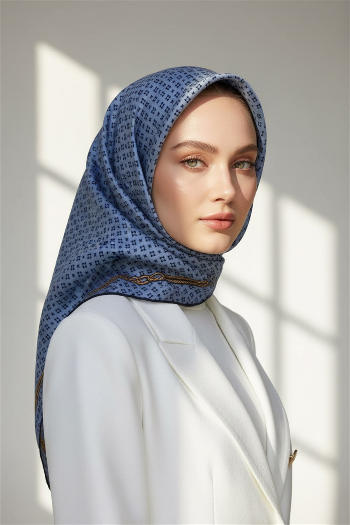 %100 Twill İpek Zincir Desenli Bebe Mavisi - Siyah Renkli 90x90 Eşarp Dikim Şekli : El Dikişi