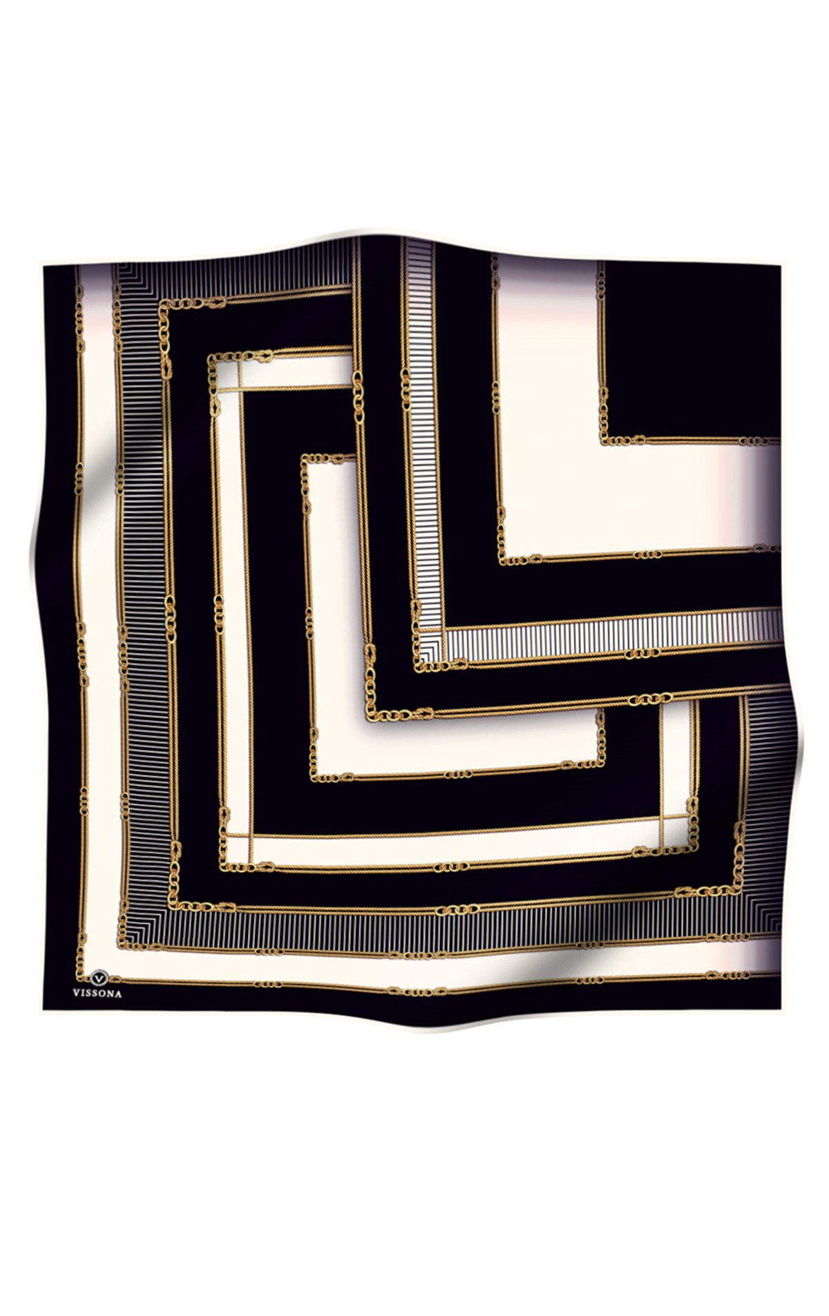 % 57 İPEK % 43 VİSKON Twill İpek Zincir Detaylı Geometrik Desenli Siyah - Krem Renkli 90x90 Eşarp Dikim Şekli : El Dikişi