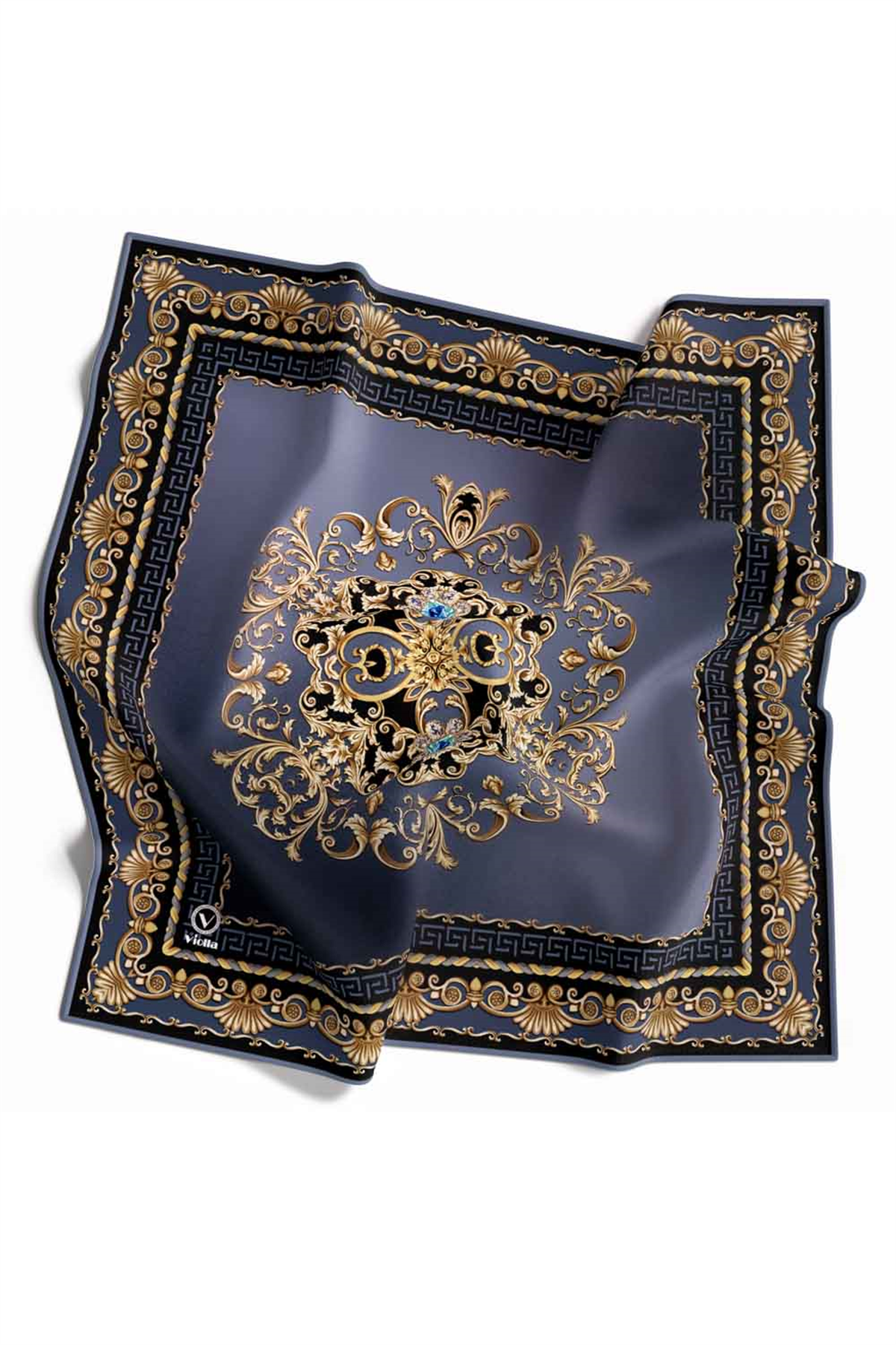 Twill Barok Desenli İndigo Renkli 90x90 Eşarp (İpek İçermez) Dikim Şekli : El Dikişi