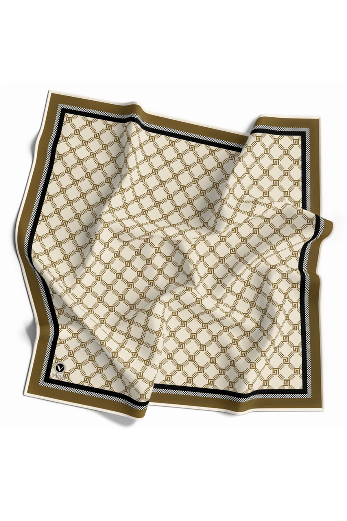 Twill Minik Motifli Geometrik Desenli Bej - Kahverengi Renkli 90x90 Eşarp (İpek İçermez) Dikim Şekli : El Dikişi