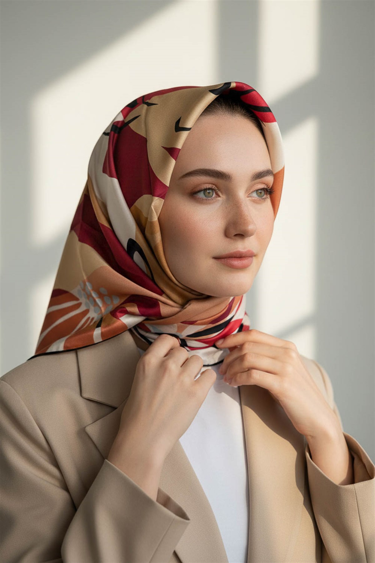 %100 Twill İpek Çiçek Desenli Bordo - Bej Renkli 90x90 Eşarp Dikim Şekli : El Dikişi