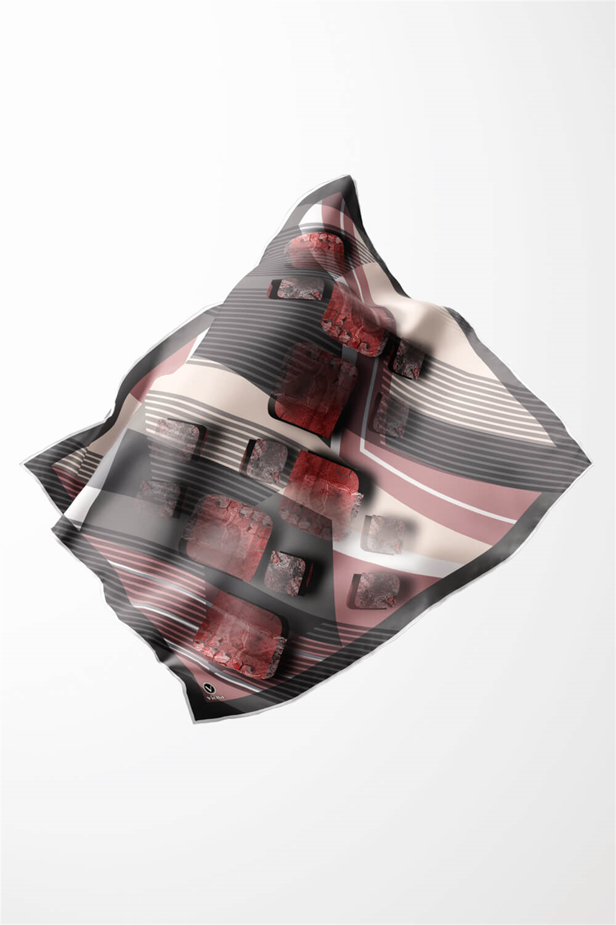 Twill Çizgili ve Geometrik Desenli Pudra Renkli 90x90 Eşarp (İpek İçermez) Kenar Dikiş Şekli El Dikişli