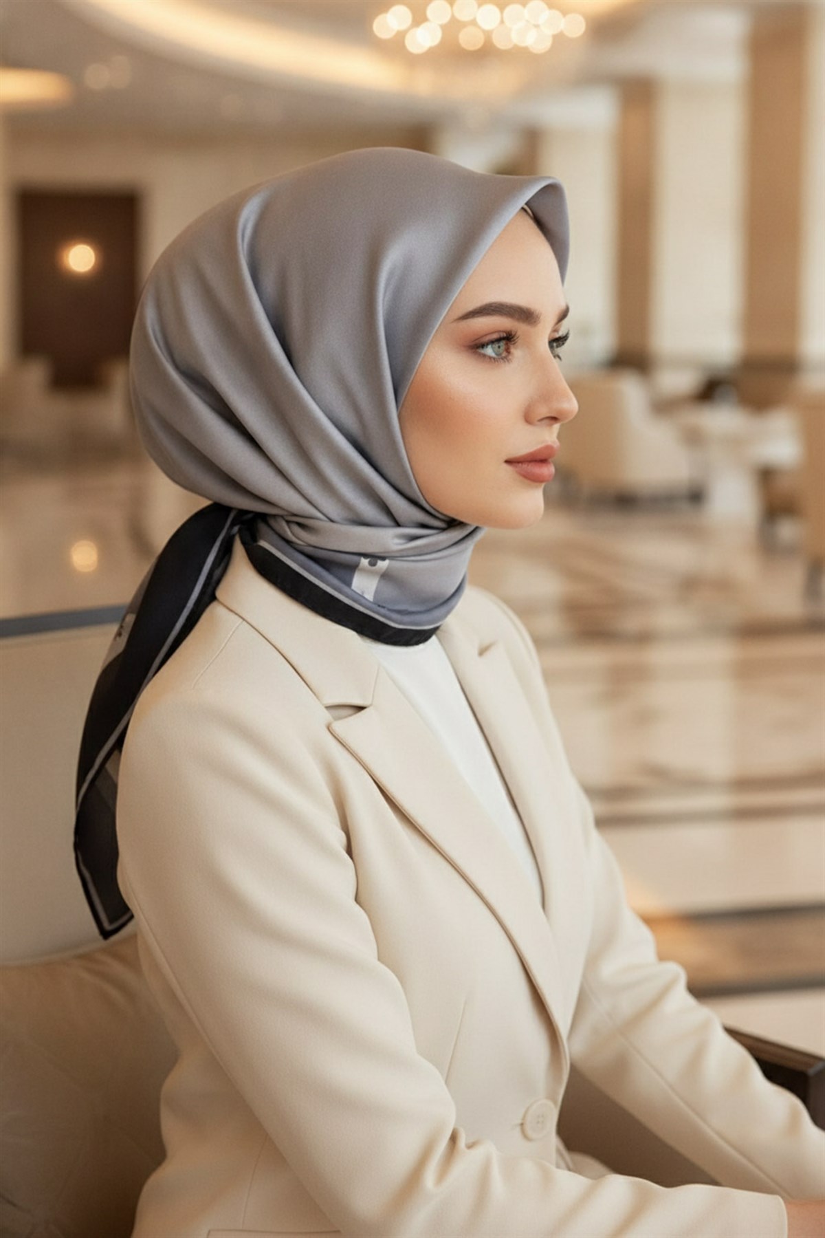 %100 Twill İpek Kenar Motifi Çiçek Desenli Gri - Gümüş Renkli 90x90 Eşarp Dikim Şekli : El Dikişi