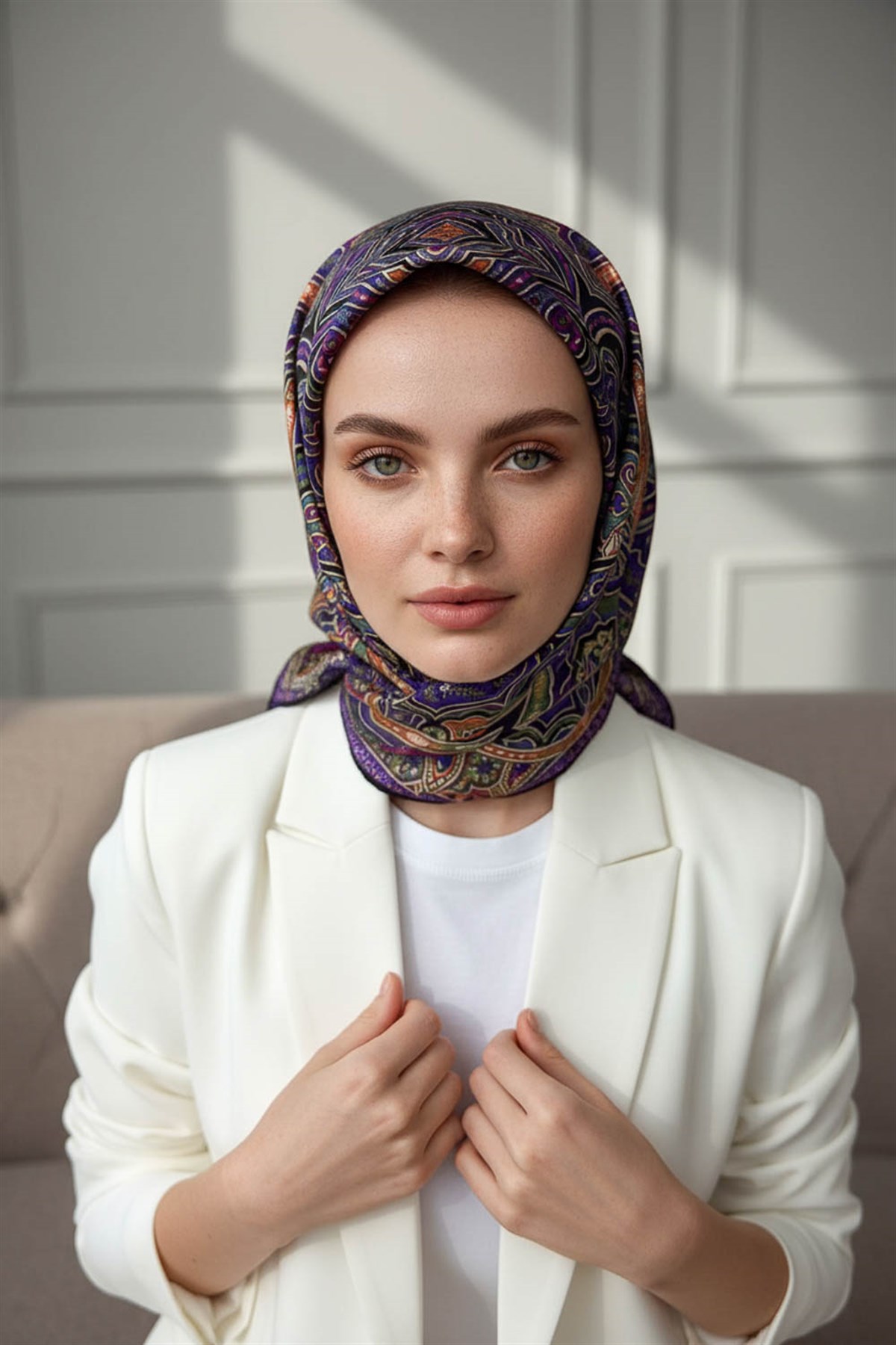 100% Twill İpek Etnik Desenli Siyah - Mor Renkli 90x90 Dikim Şekli : El Dikişi Eşarp