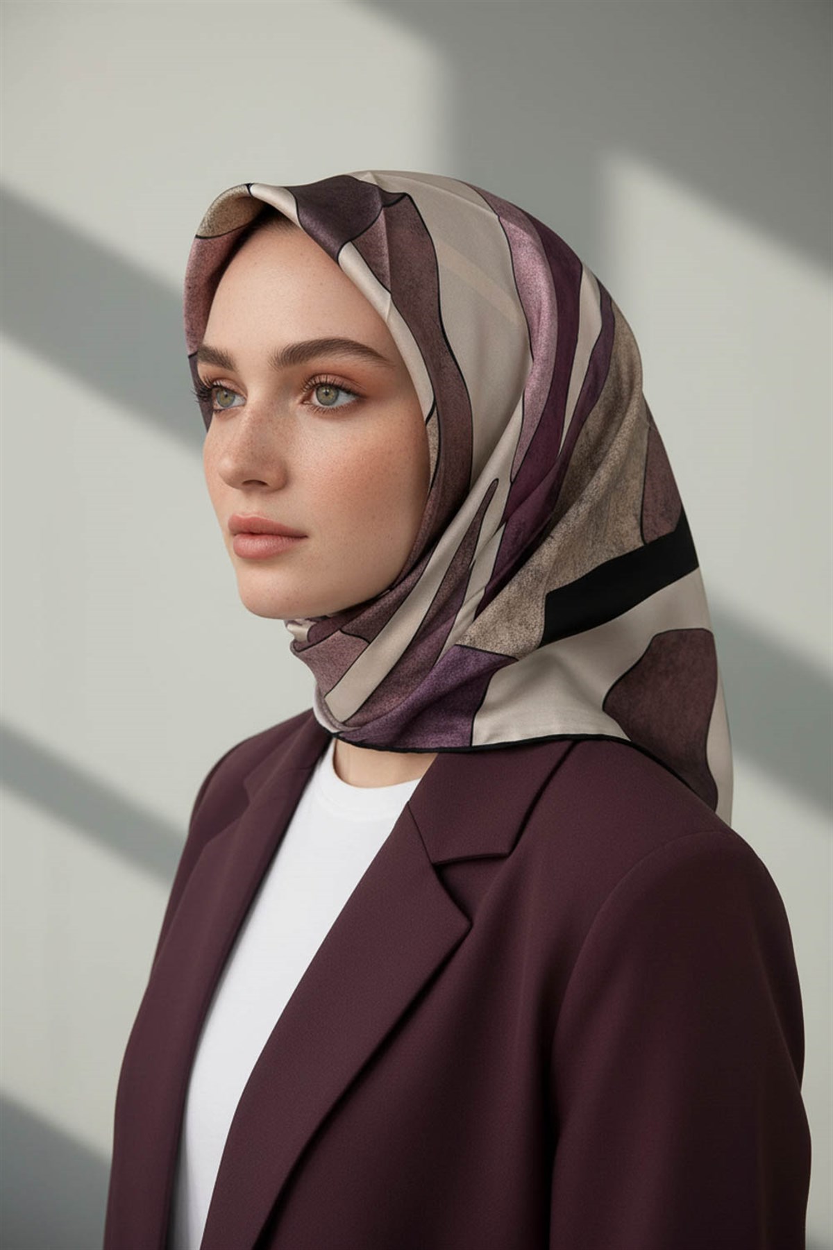%100 Twill İpek Geometrik Desenli Pudra - Somon Renkli 90x90 Eşarp Dikim Şekli : El Dikişi