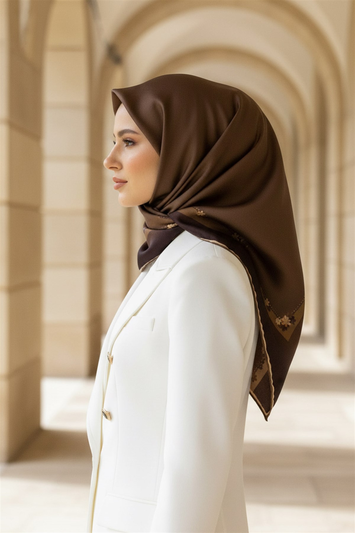 %100 Twill İpek Kenar Motifi Çiçek Desenli Sütlü Kahve - Bej Renkli 90x90 Eşarp Dikim Şekli : El Dikişi