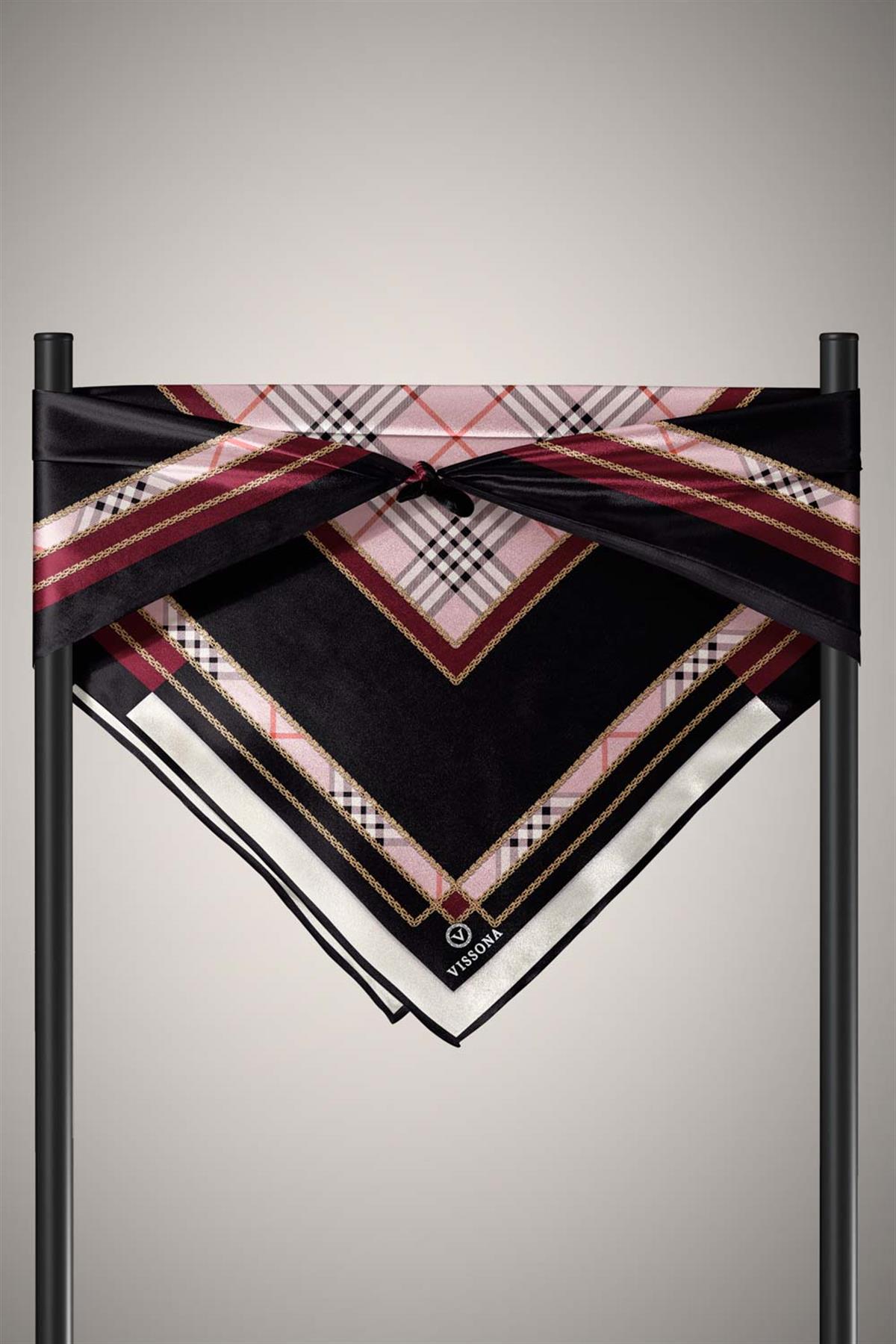 %100 Twill İpek Ekose Desenli Pudra - Şarabi Renkli 90x90 Eşarp Dikim Şekli : El Dikişi