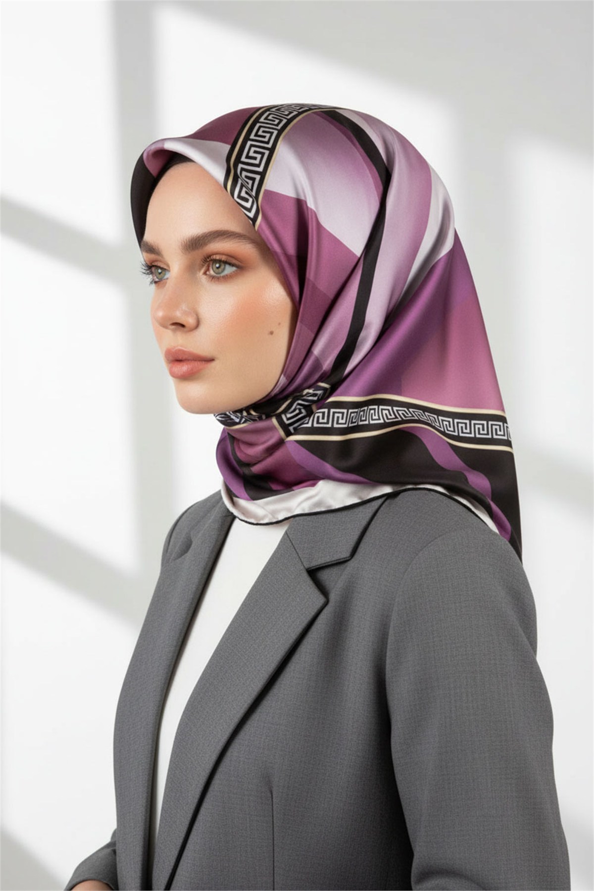 Kristal Geometrik Desenli Pembe Renkli 90x90 Dikim Şekli : El Dikişi Eşarp (İpek İçermez)