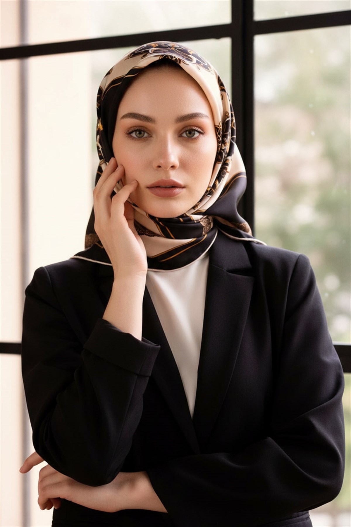 %100 Twill Barok Desenli Siyah - Krem Renkli 90x90 Eşarp Dikim Şekli: El Dikişi