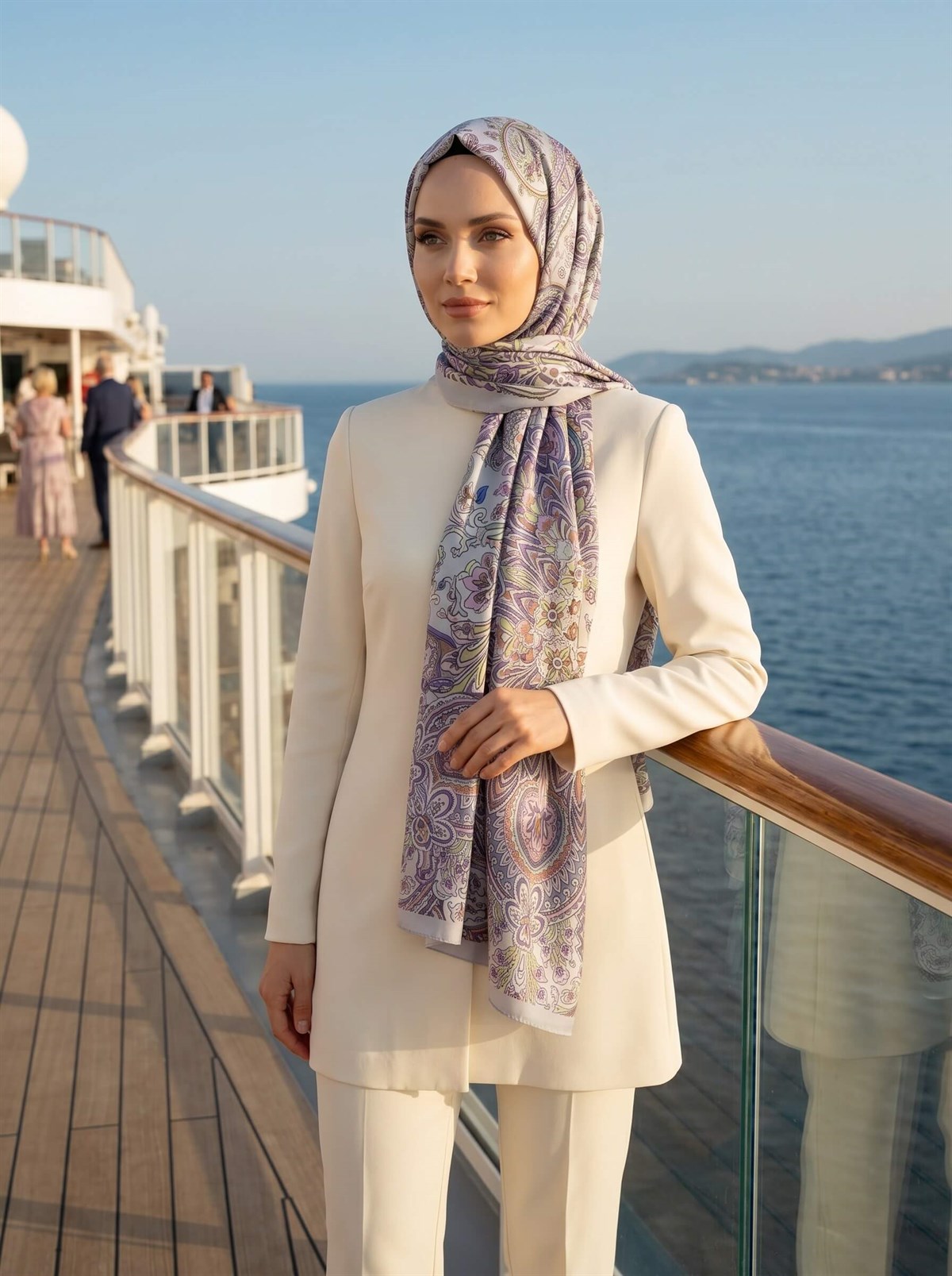 %100 Saf İpek Şal İnce Saten Vual Dokuma Etnik Desenli Gri - Pembe Renkli 90x210 Şal