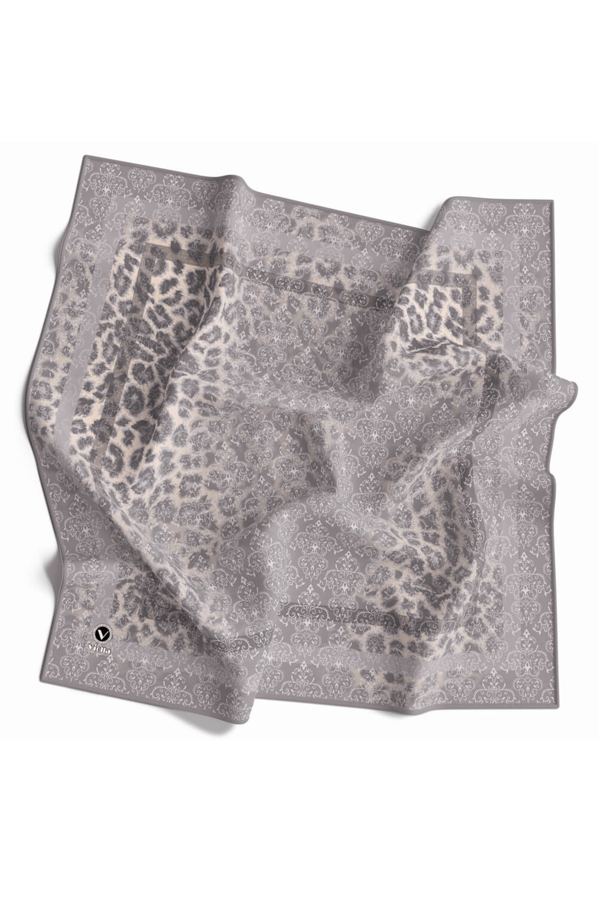 Twill Leopar Desenli Gri Renkli 90x90 Eşarp (İpek İçermez) Kenar Dikiş Şekli El Dikişli