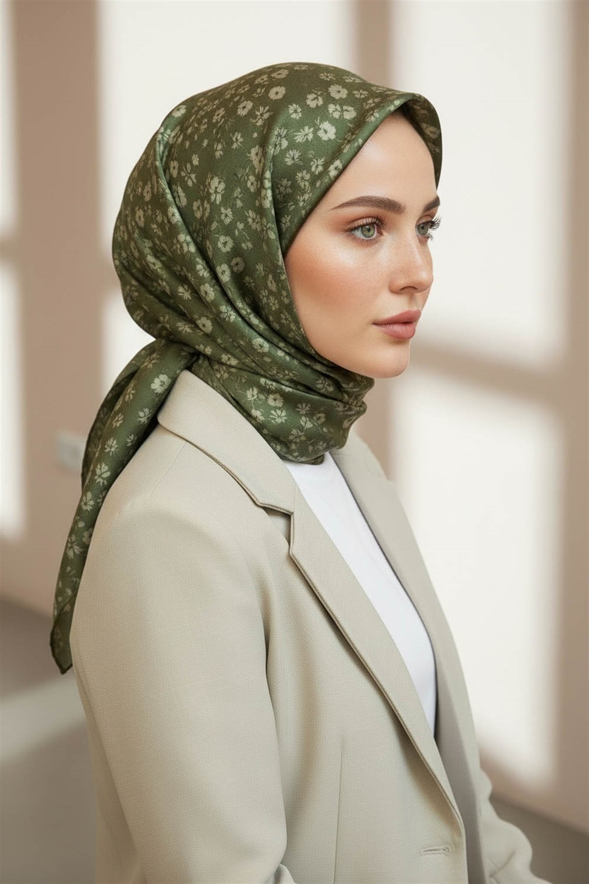 %100 Twill İpek Çıtır Çiçek Desenli Haki Renkli 90x90 Eşarp Dikim Şekli : El Dikişi