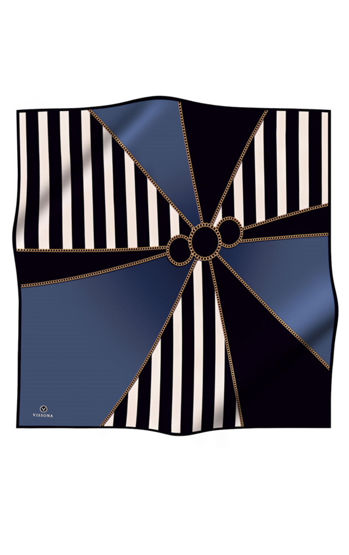 %100 Twill İpek Zincirli Çizgi Desenli Siyah - İndigo Renkli 90x90 Eşarp Dikim Şekli : El Dikişi