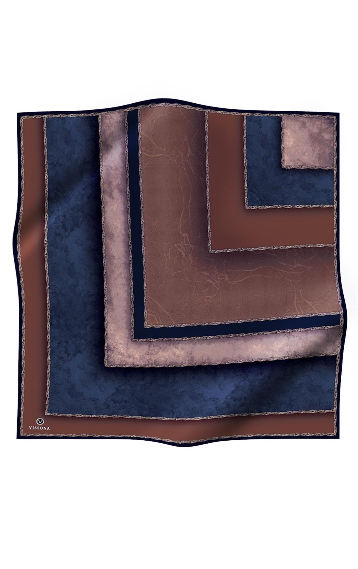 %100 Twill İpek Dokulu Geometrik Desenli Kahverengi - Lacivert Renkli 90x90 Eşarp Dikim Şekli : El Dikişi