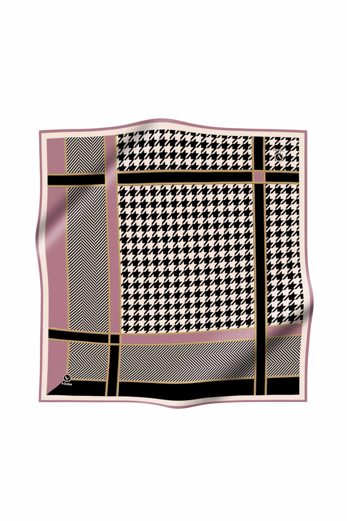 Twill Kazayağı Desenli Pembe Renkli 90x90 Eşarp (İpek İçermez) Kenar Dikiş Şekli El Dikişli