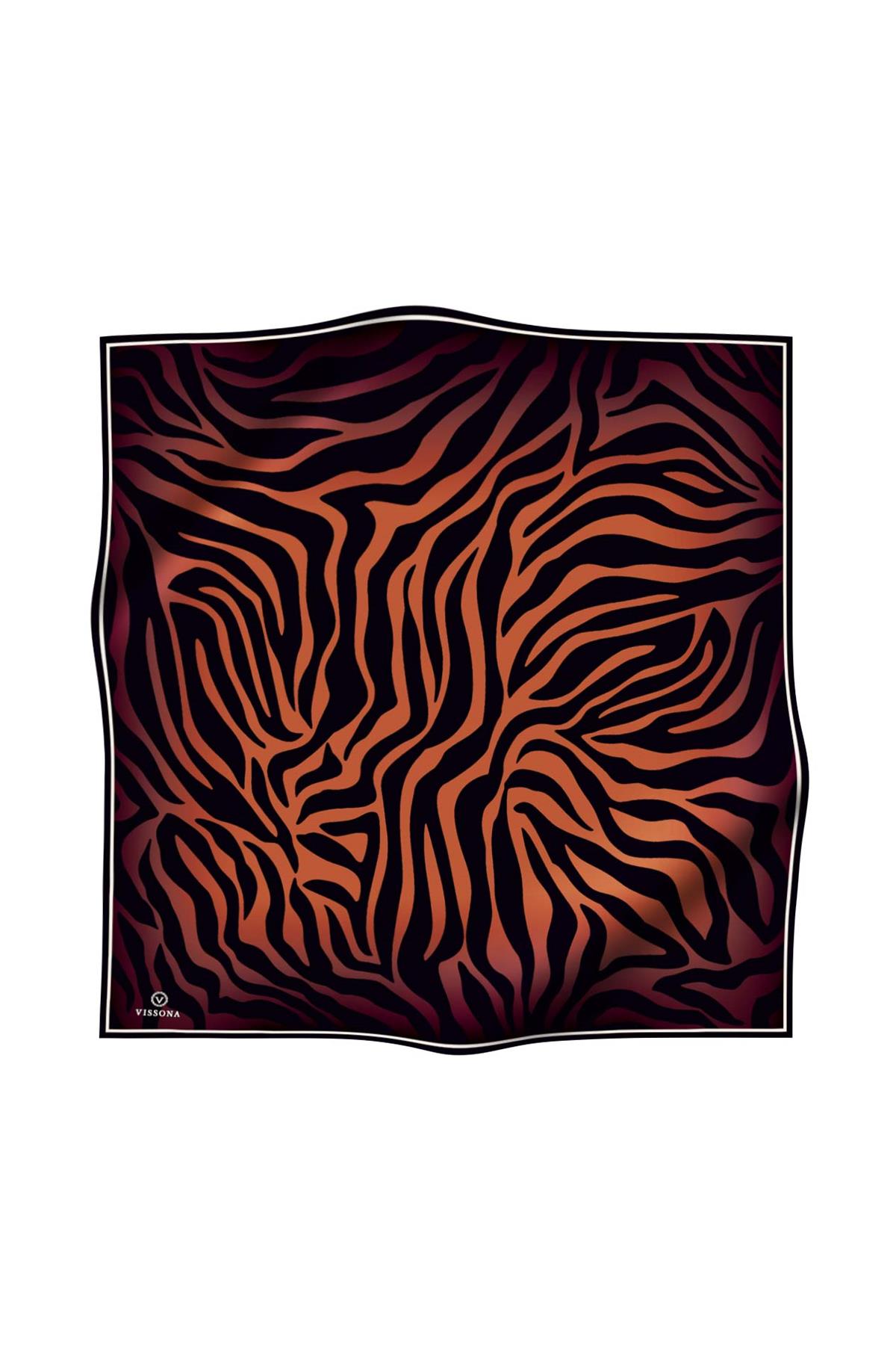 %100 Twill İpek Zebra Desenli Taba - Siyah Renkli 90x90 Eşarp Dikim Şekli : El Dikişi