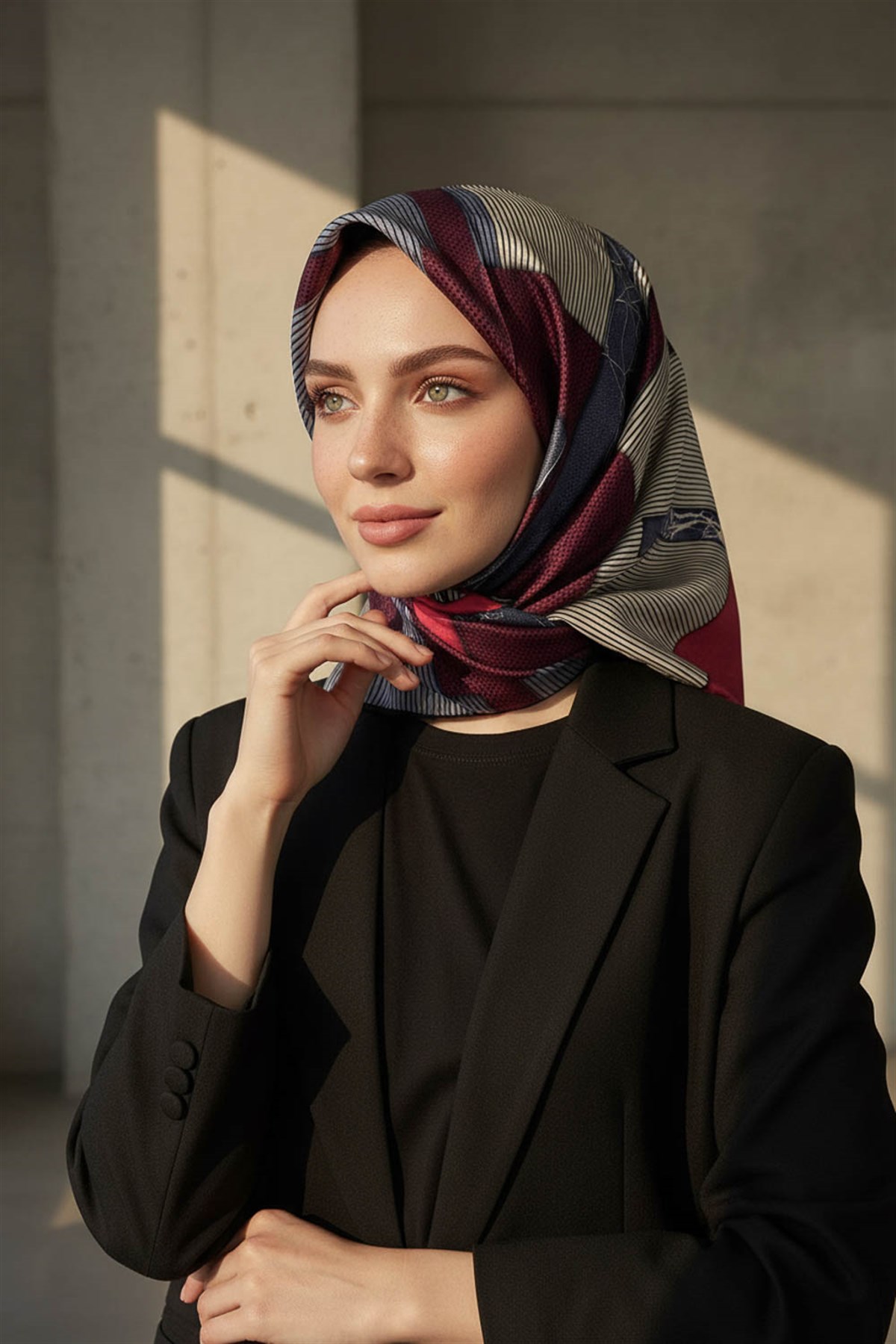 %100 Twill İpek Geometrik Desenli Siyah - Kırmızı Renkli 90x90 Eşarp Dikim Şekli : El Dikişi