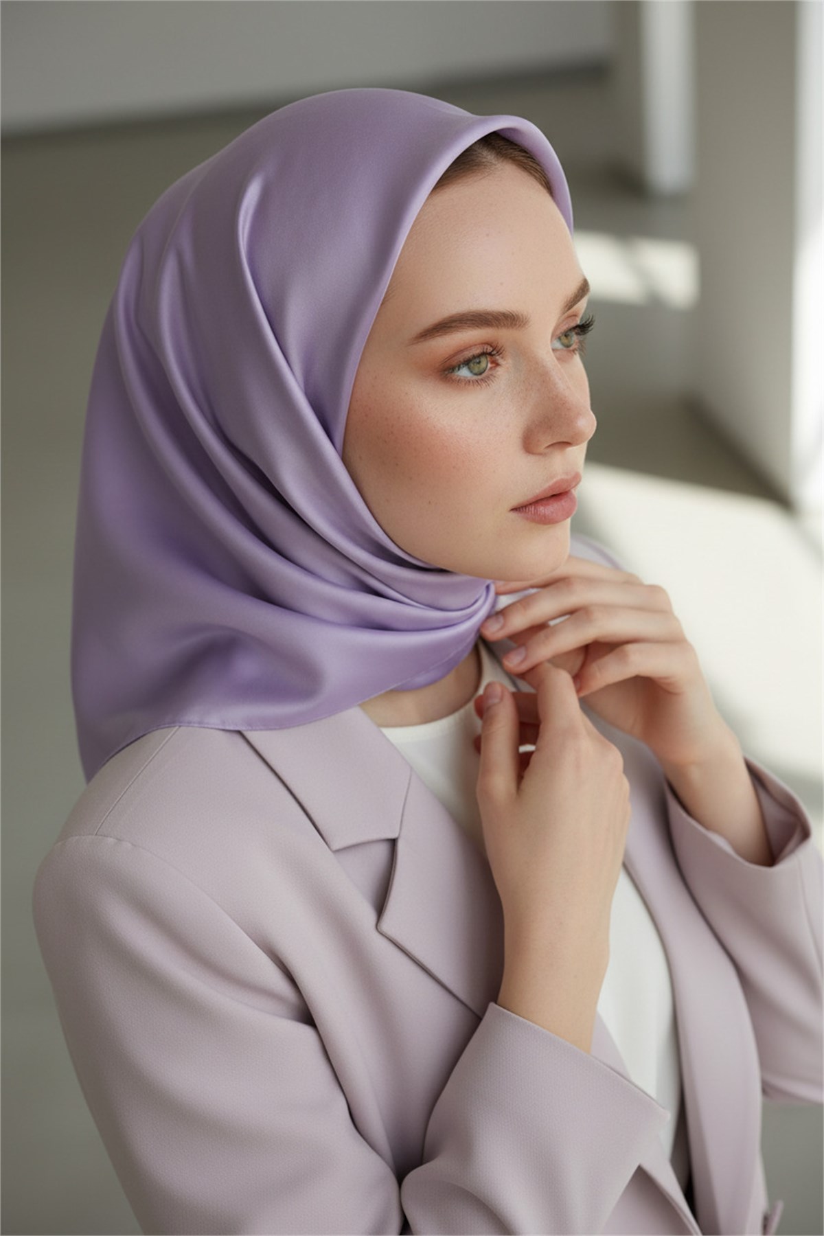 Viskon Twill İpek Eşarp 90x90 Kirli Lila Düz Renk Az Hatalı El Dikişli Kadın Eşarp