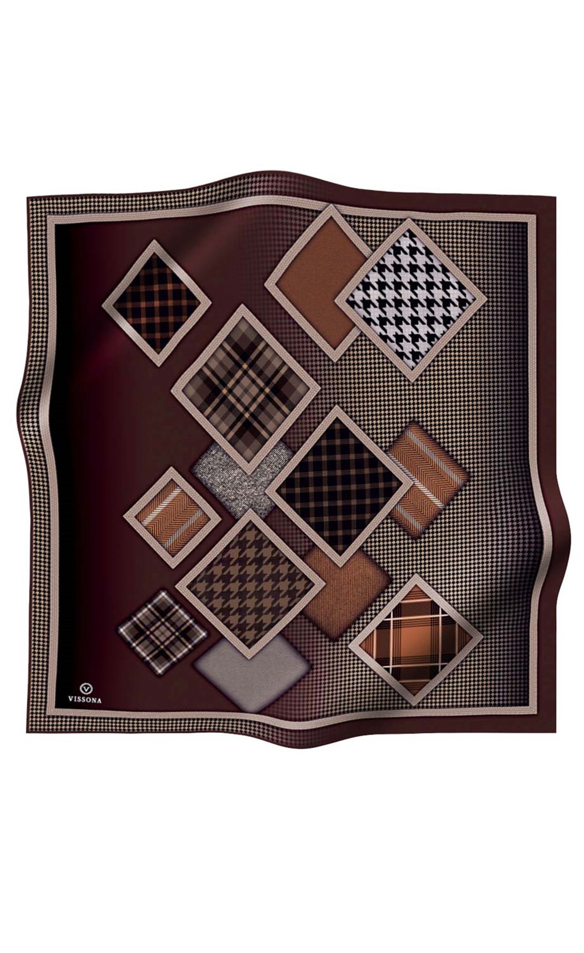 %100 Twill İpek Kazakayaklı Ve Ekose Desenli Kahverengi - Bej Renkli 90x90 Eşarp Dikim Şekli : El Dikişi