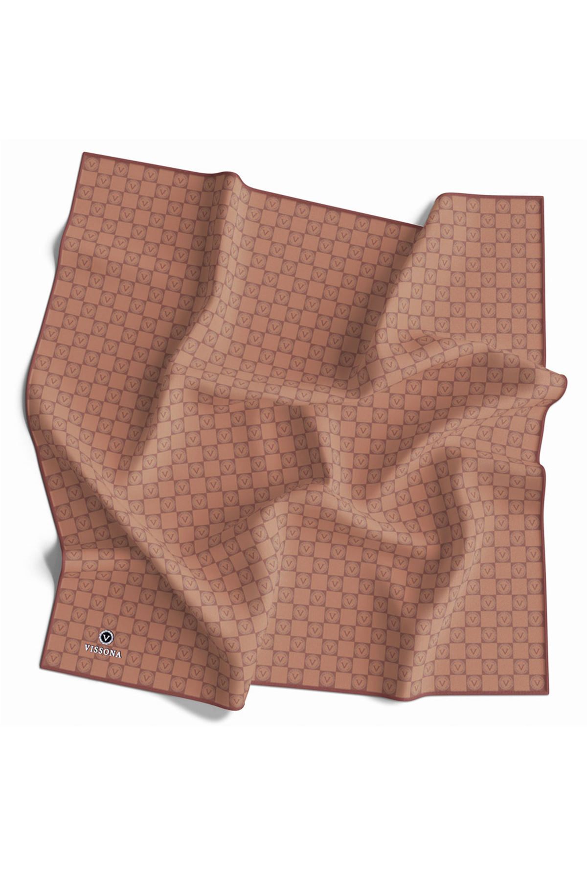 % 57 İPEK % 43 VİSKON Twill İpek Monogram Desenli Taba Renkli 90x90 Eşarp Dikim Şekli : El Dikişi