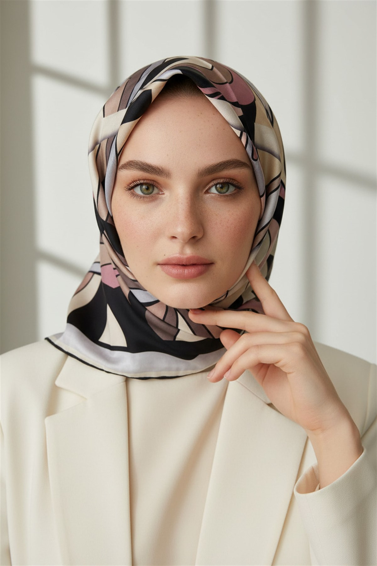 % 57 İPEK % 43 VİSKON Twill İpek Geometrik Desenli Gri - Pudra Renkli 90x90 Dikim Şekli : El Dikişi Eşarp