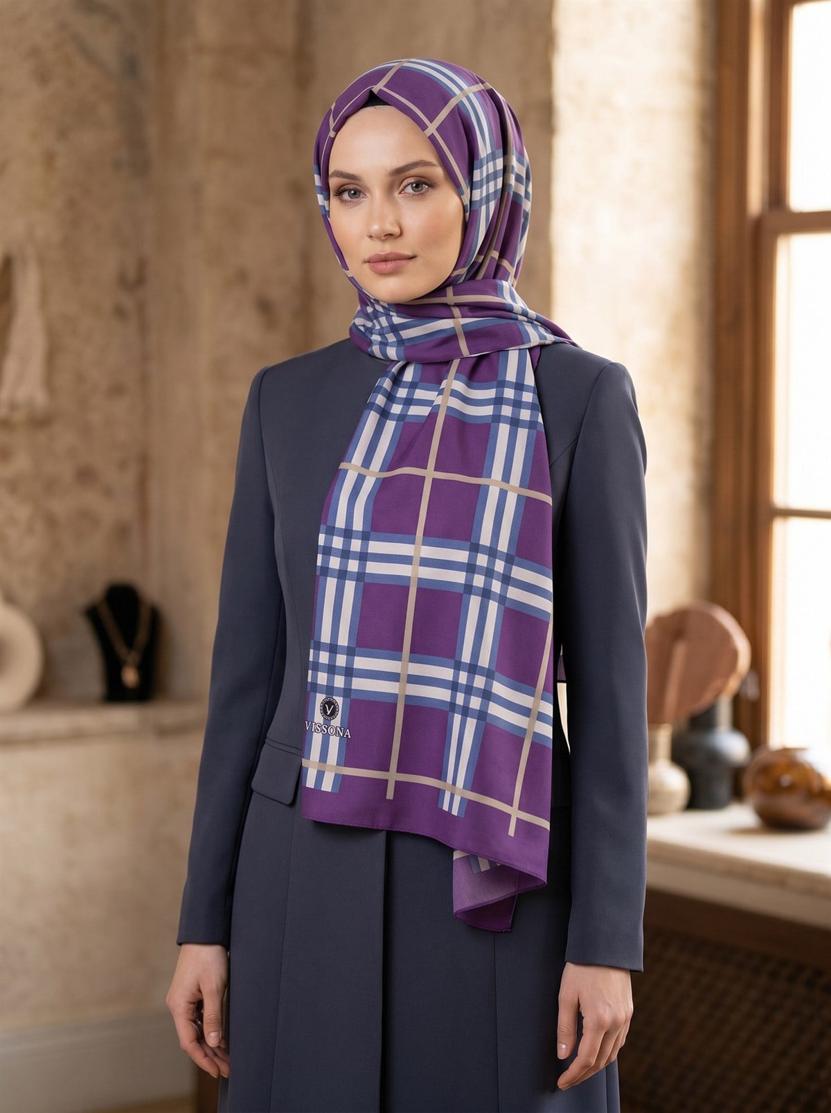 KREP EKOSE DESENLİ MÜRDÜM RENKLİ 75X195 KIRIŞMAZ ŞAL