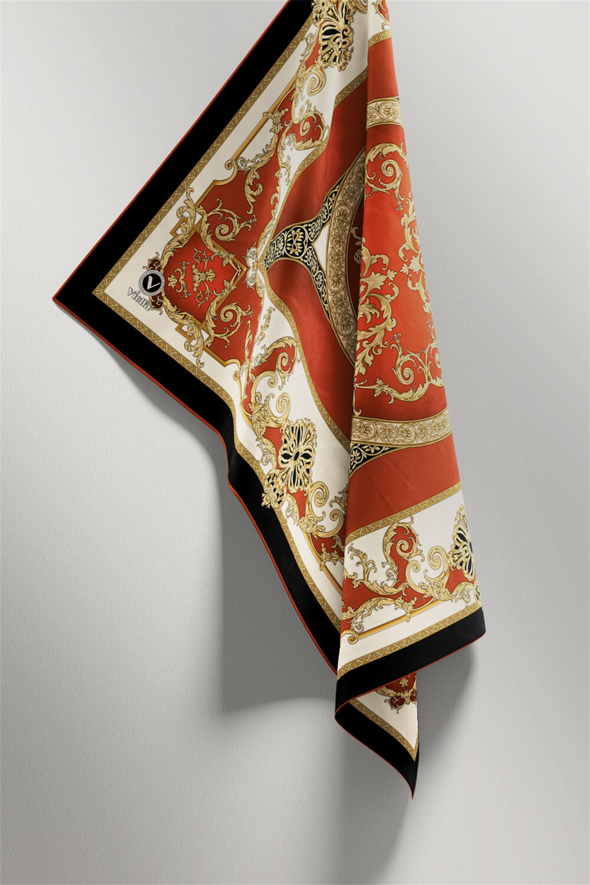 Twill Barok Desenli Taba Renkli 90x90 Eşarp (İpek İçermez) Kenar Dikiş Şekli El Dikişli