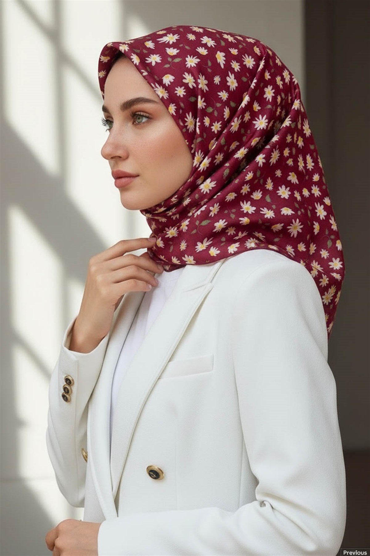 %100 Twill İpek Papatya Desenli Bordo Renkli 90x90 Eşarp Dikim Şekli : El Dikişi
