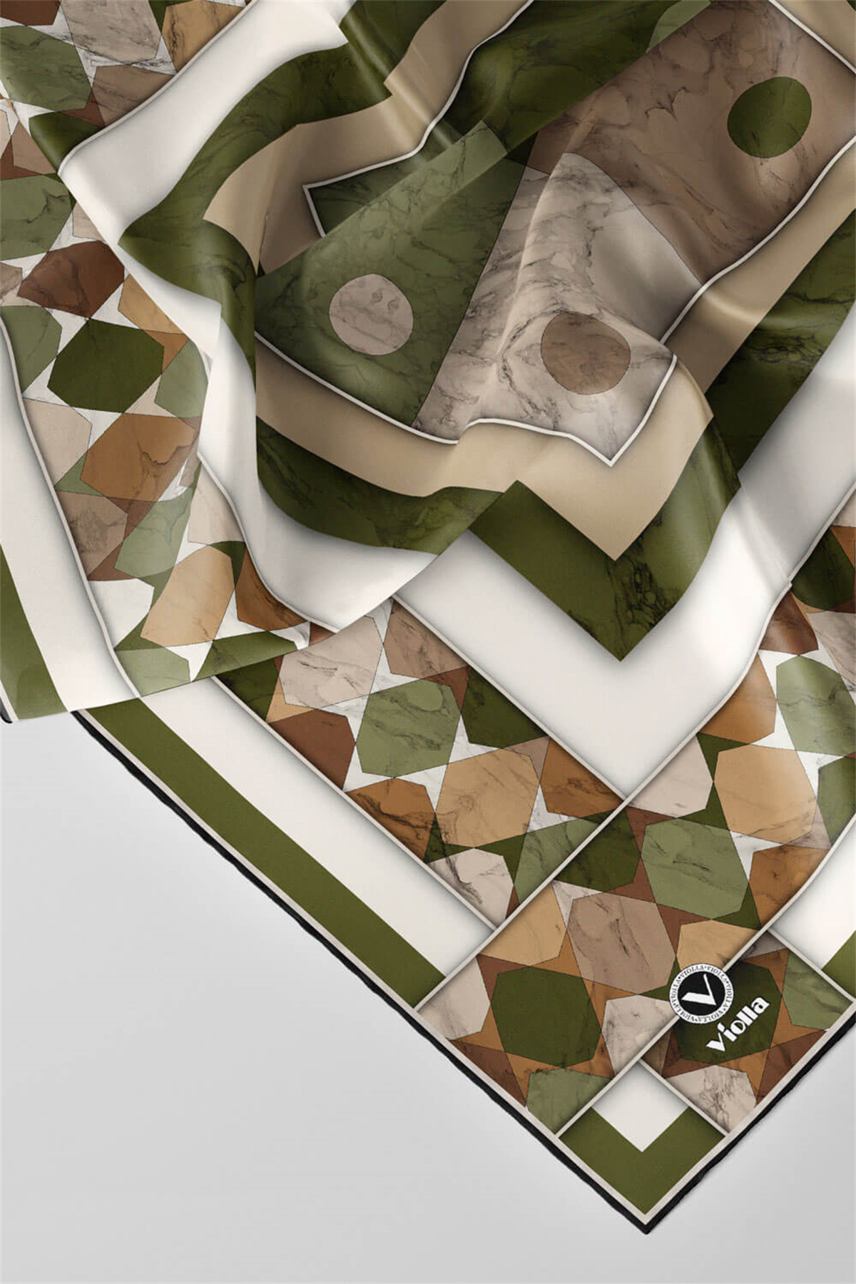 Twill Geometrik Mermer Desenli Haki Renkli 90x90 Eşarp (İpek İçermez) Kenar Dikiş Şekli El Dikişli
