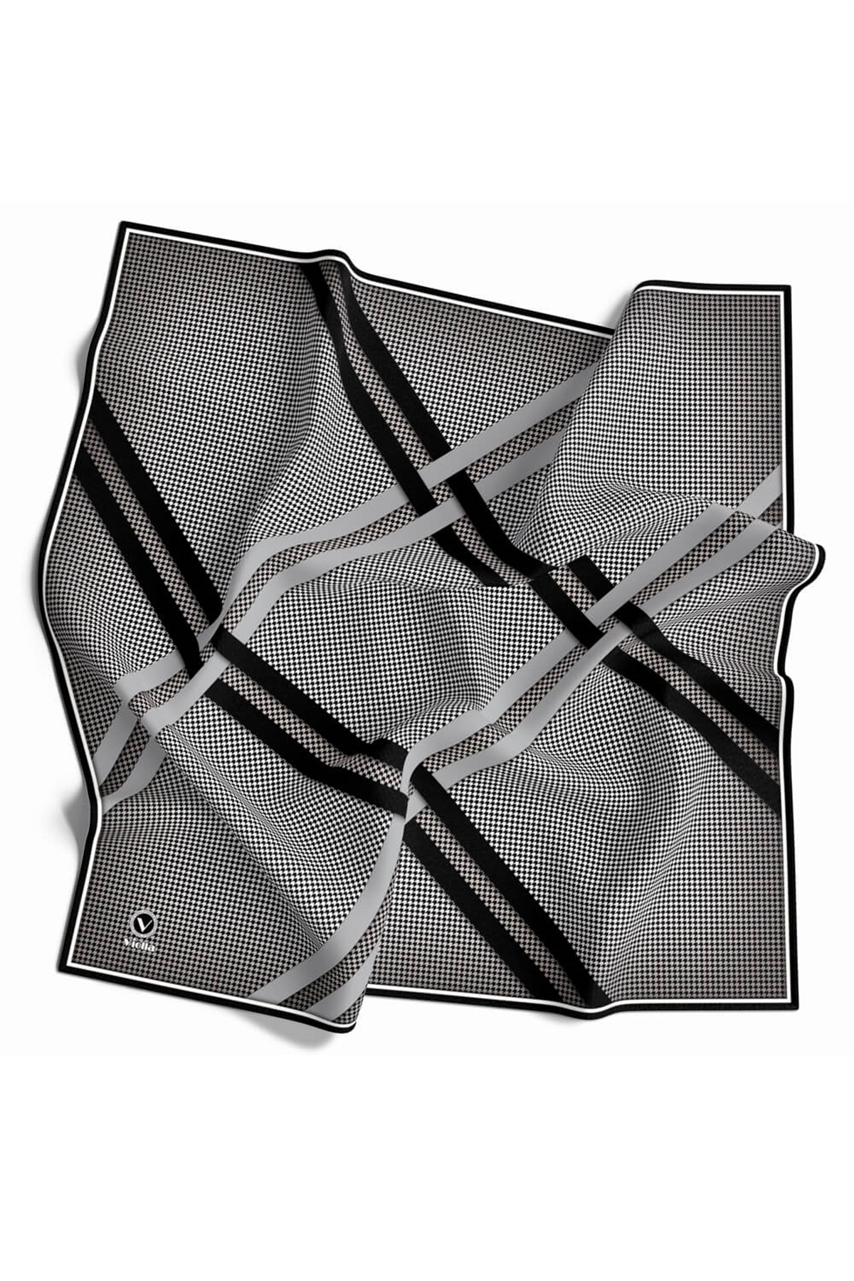 Twill Çizgili Pötikareli Çizgili Desenli Siyah - Gri Renkli 90x90 Eşarp (İpek İçermez)