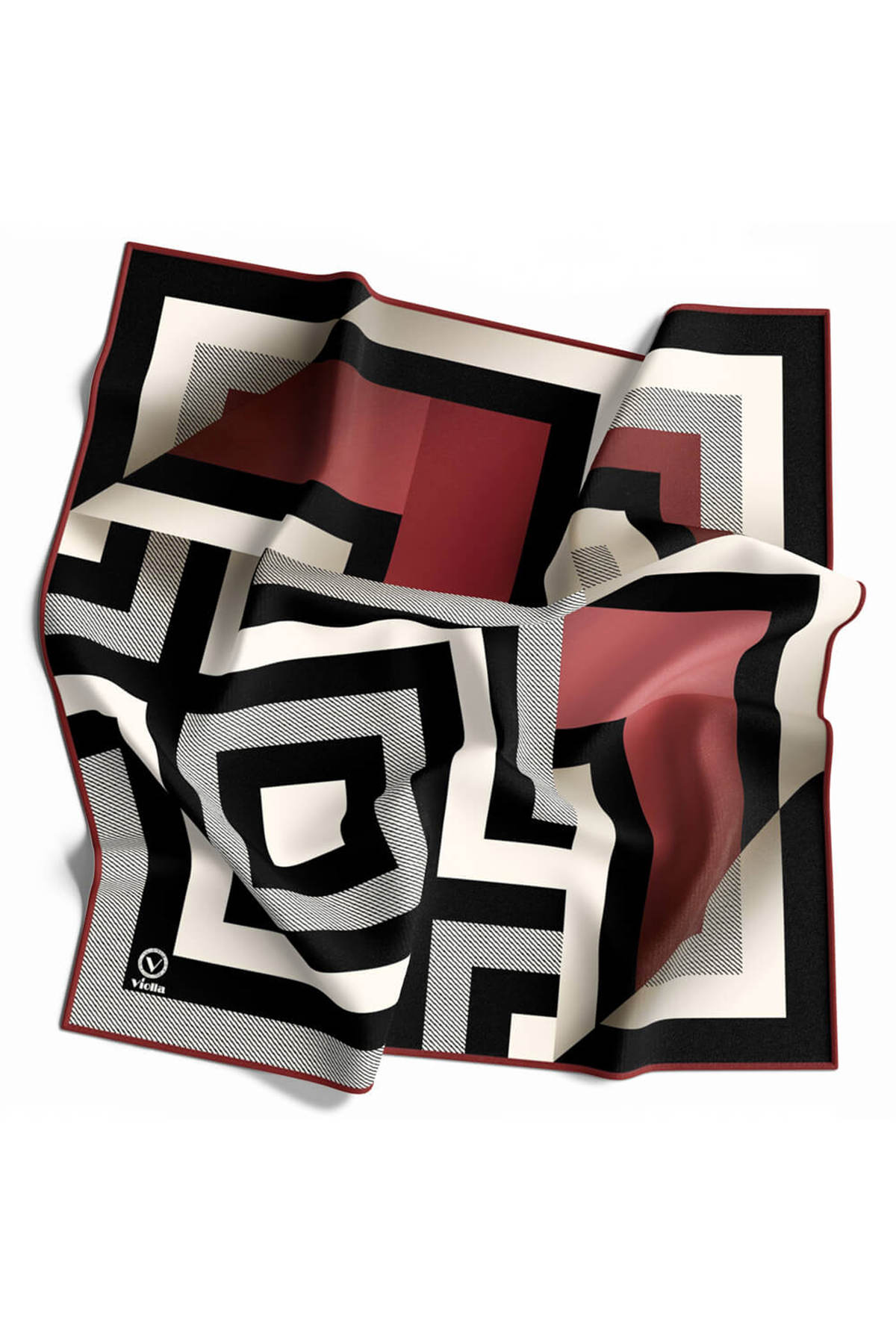 Twill Geometrik Desenli Bordo Renkli 90x90 Eşarp (İpek İçermez) Dikim Şekli : El Dikişi