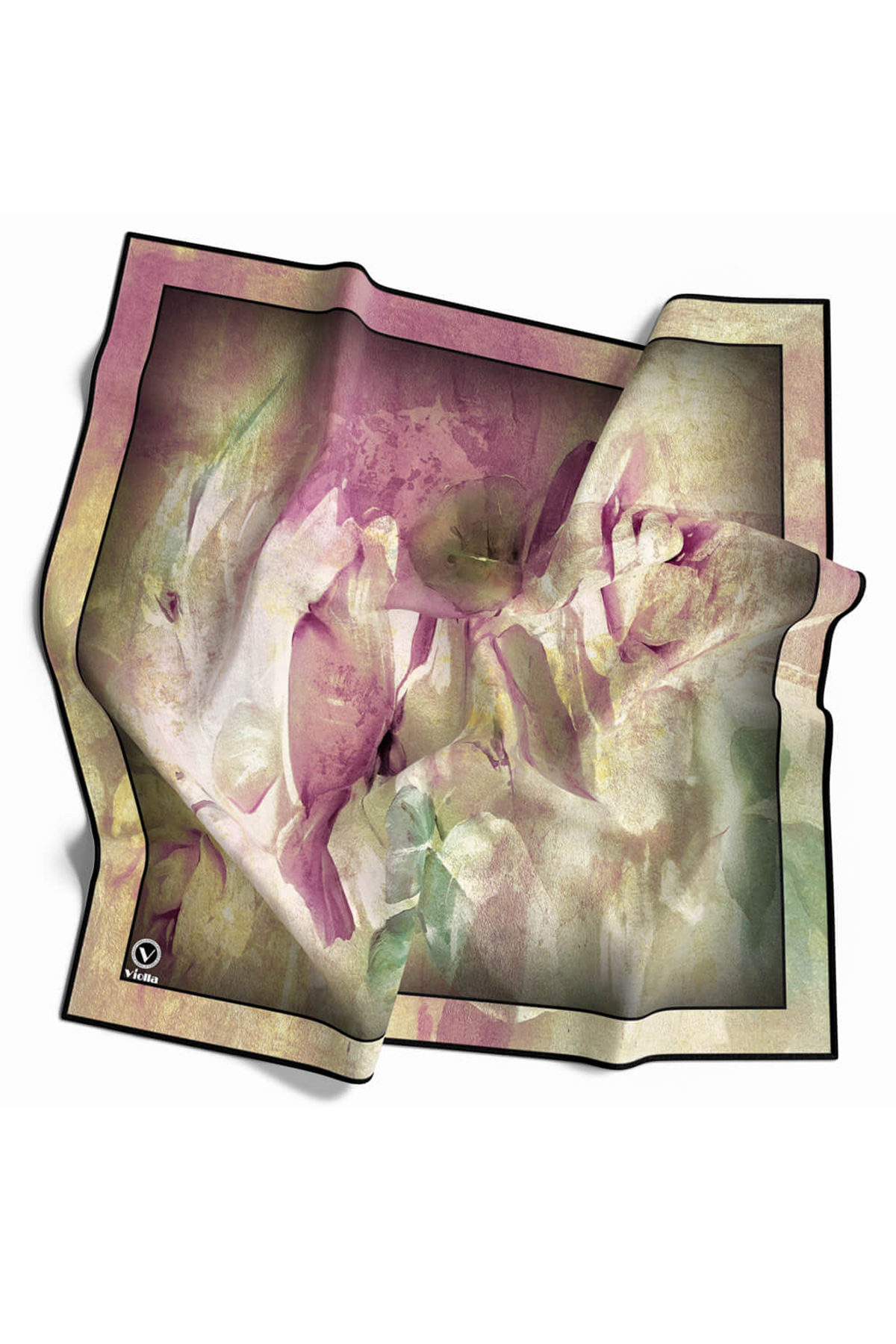 Twill Sulu Boyalı Çiçek Desenli Pembe Renkli 90x90 Eşarp (İpek İçermez) Kenar Dikiş Şekli El Dikişli