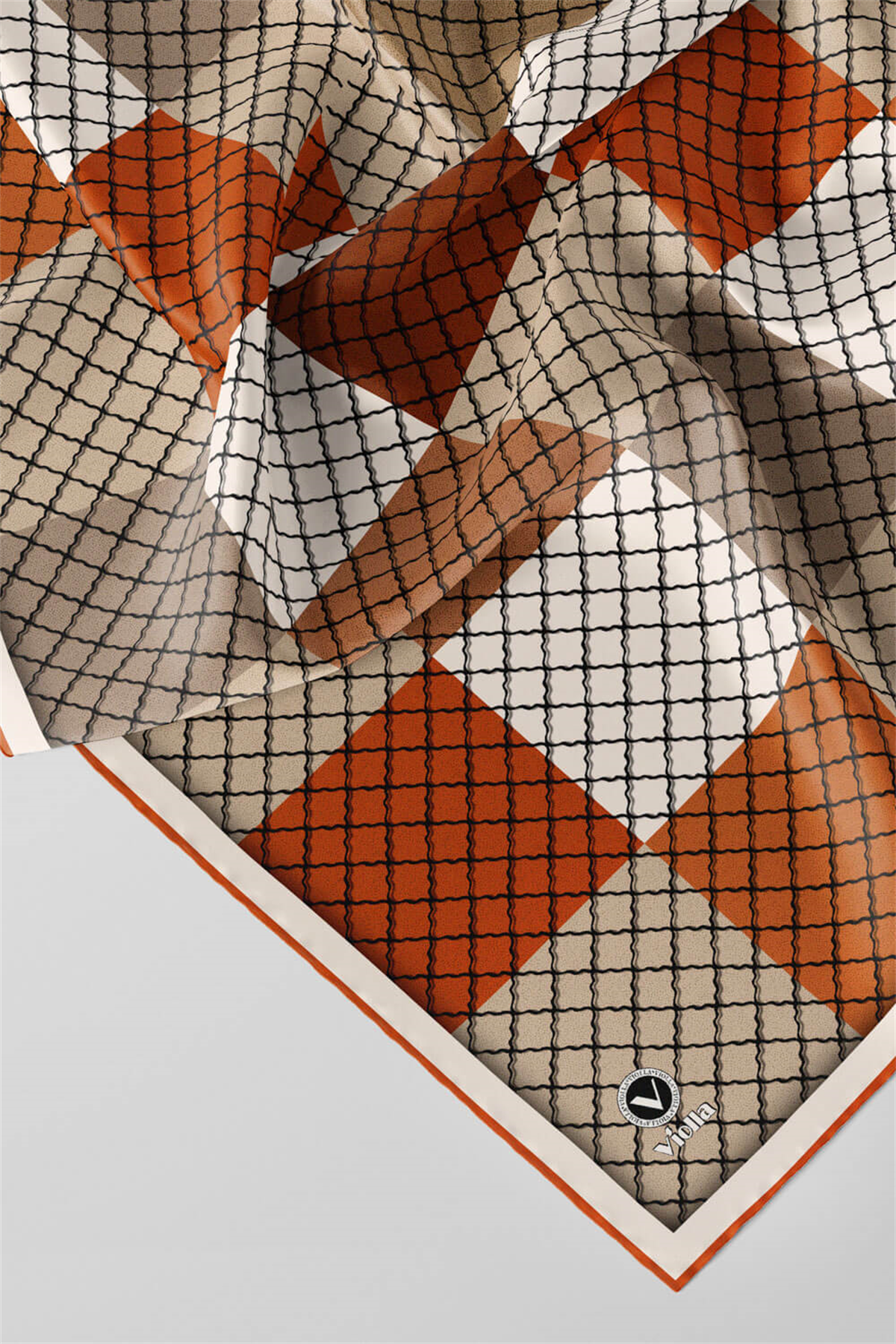 Twill Kare Desenli Taba Renkli 90x90 Eşarp (İpek İçermez) Kenar Dikiş Şekli El Dikişli
