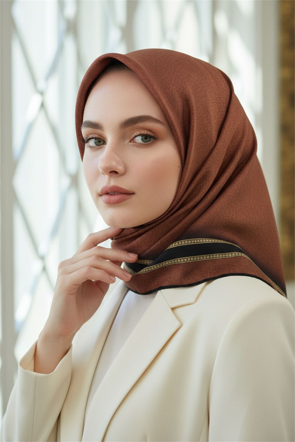 %100 Twill İpek Dokulu Şerit Desenli Siyah - Taba Renkli 90x90 Eşarp Dikim Şekli : El Dikişi