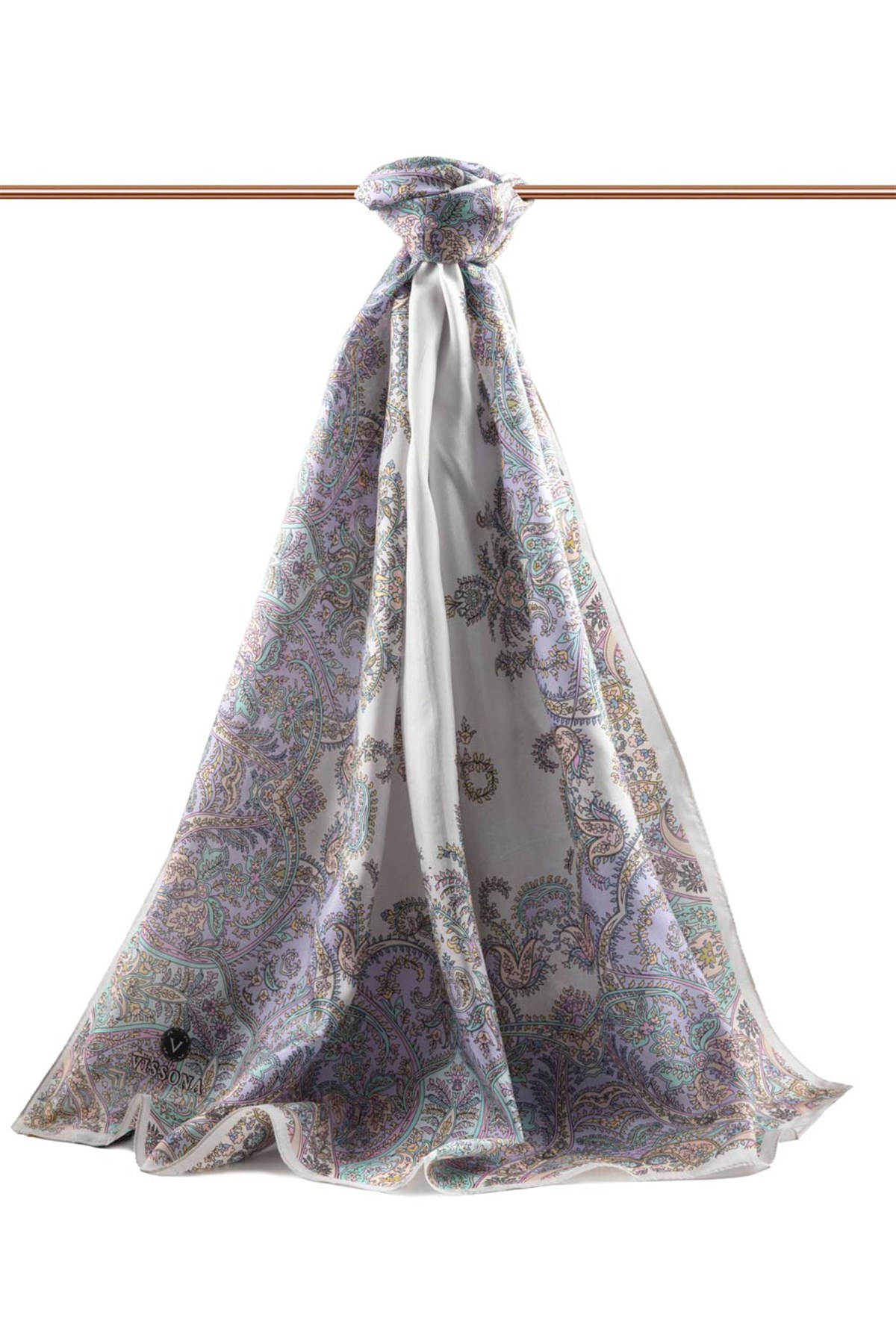 %100 İpek Etnik Desenli Gümüş Renkli 92x210 Şal