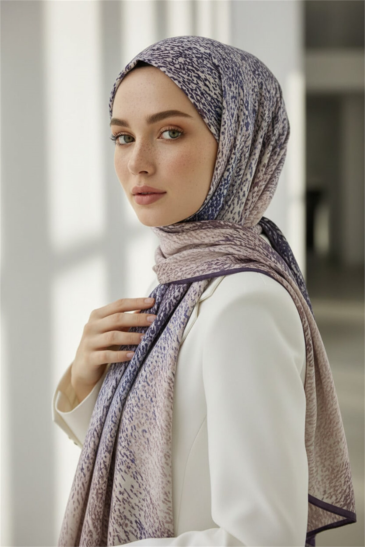 KREP ZİKZAK GEOMETRİK DESENLİ LİLA RENKLİ 75X195 KIRIŞMAZ ŞAL