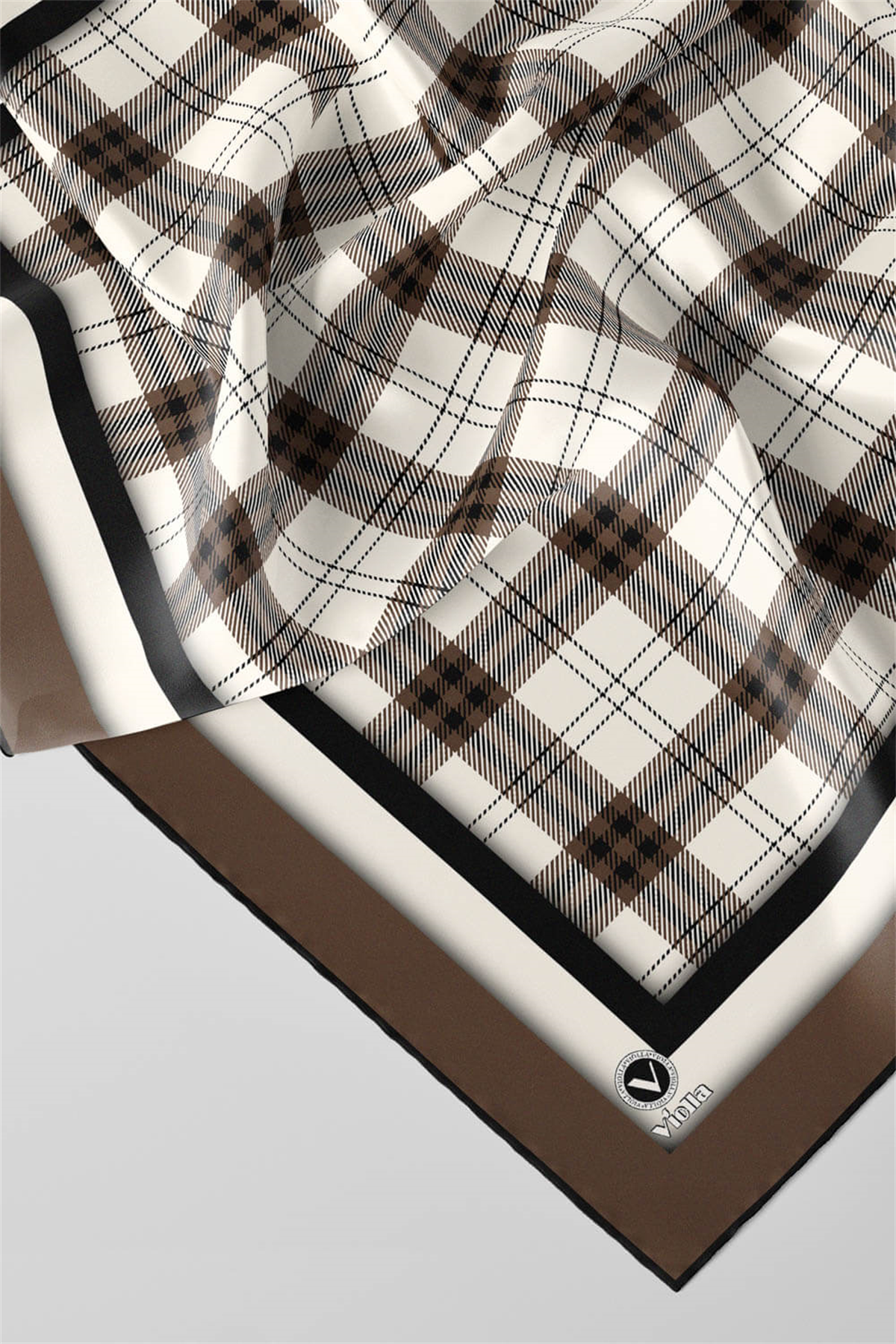 Twill Ekose Desenli Vizon Renkli 90x90 Eşarp (İpek İçermez) Kenar Dikiş Şekli El Dikişli