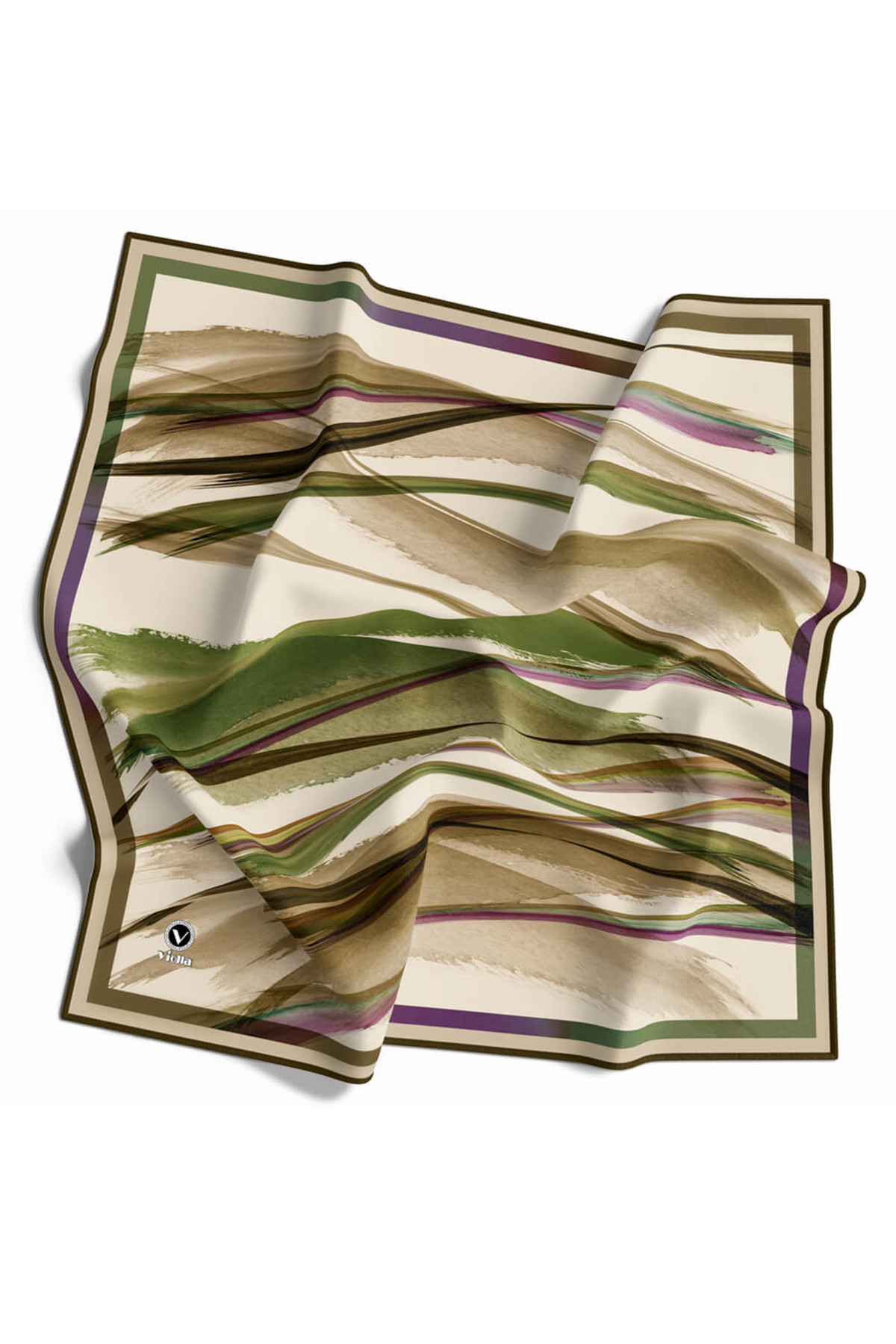 Twill Fırça Desenli Haki Yeşili - Bej Renkli 90x90 Eşarp (İpek İçermez) Kenar Dikiş Şekli El Dikişli