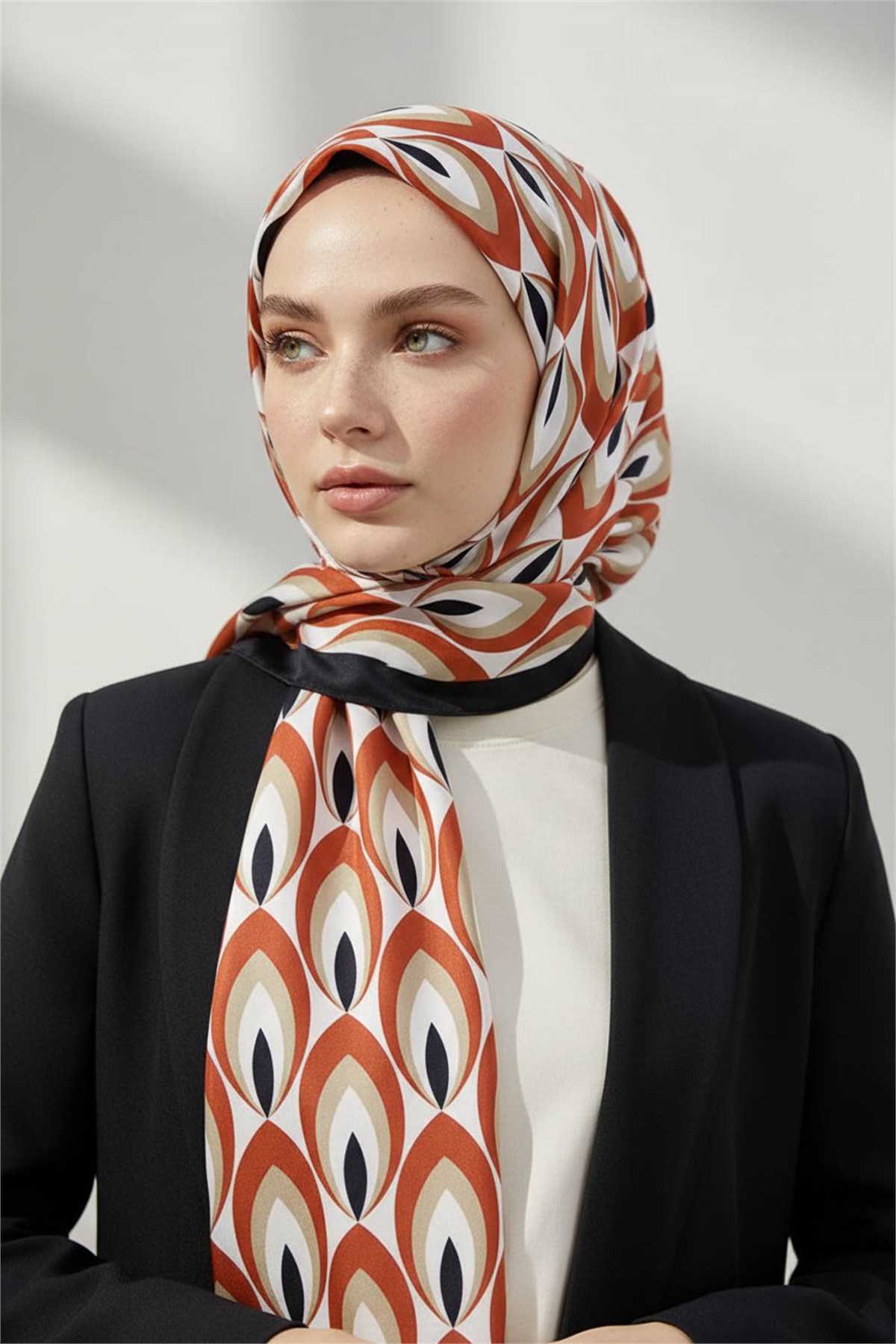KREP GEOMETRİK DESENLİ TABA RENKLİ 75X195 KIRIŞMAZ ŞAL