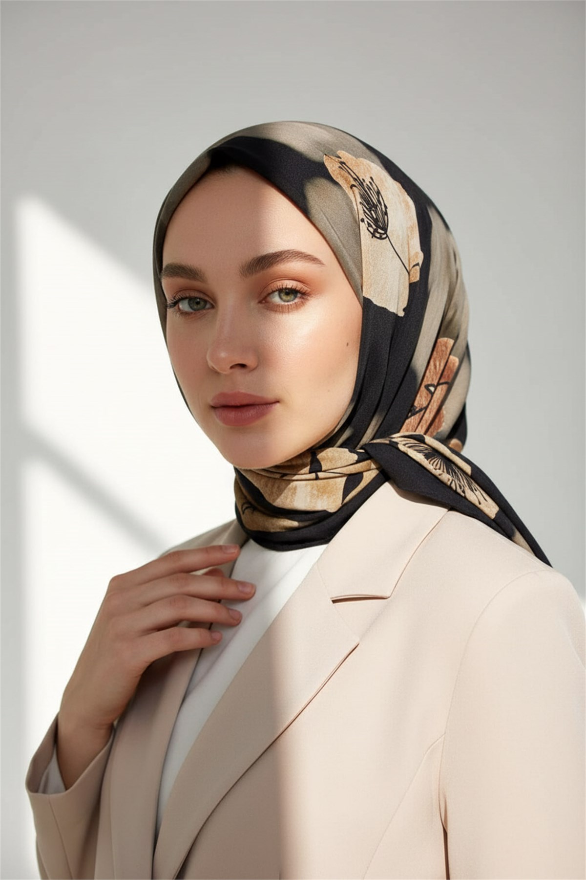 KREP FIRÇA DOKULU ÇİZGİ ÇİÇEK DESENLİ SİYAH - BEJ RENKLİ 75X195 KIRIŞMAZ ŞAL