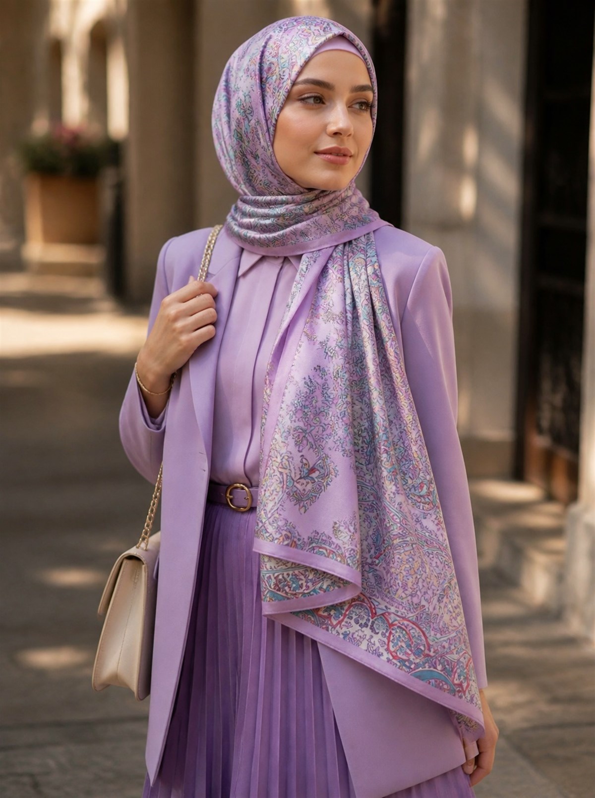 %100 Saf İpek Şal İnce Saten Vual Dokuma Etnik Desenli Pembe - Bej Renkli 90x210 Şal