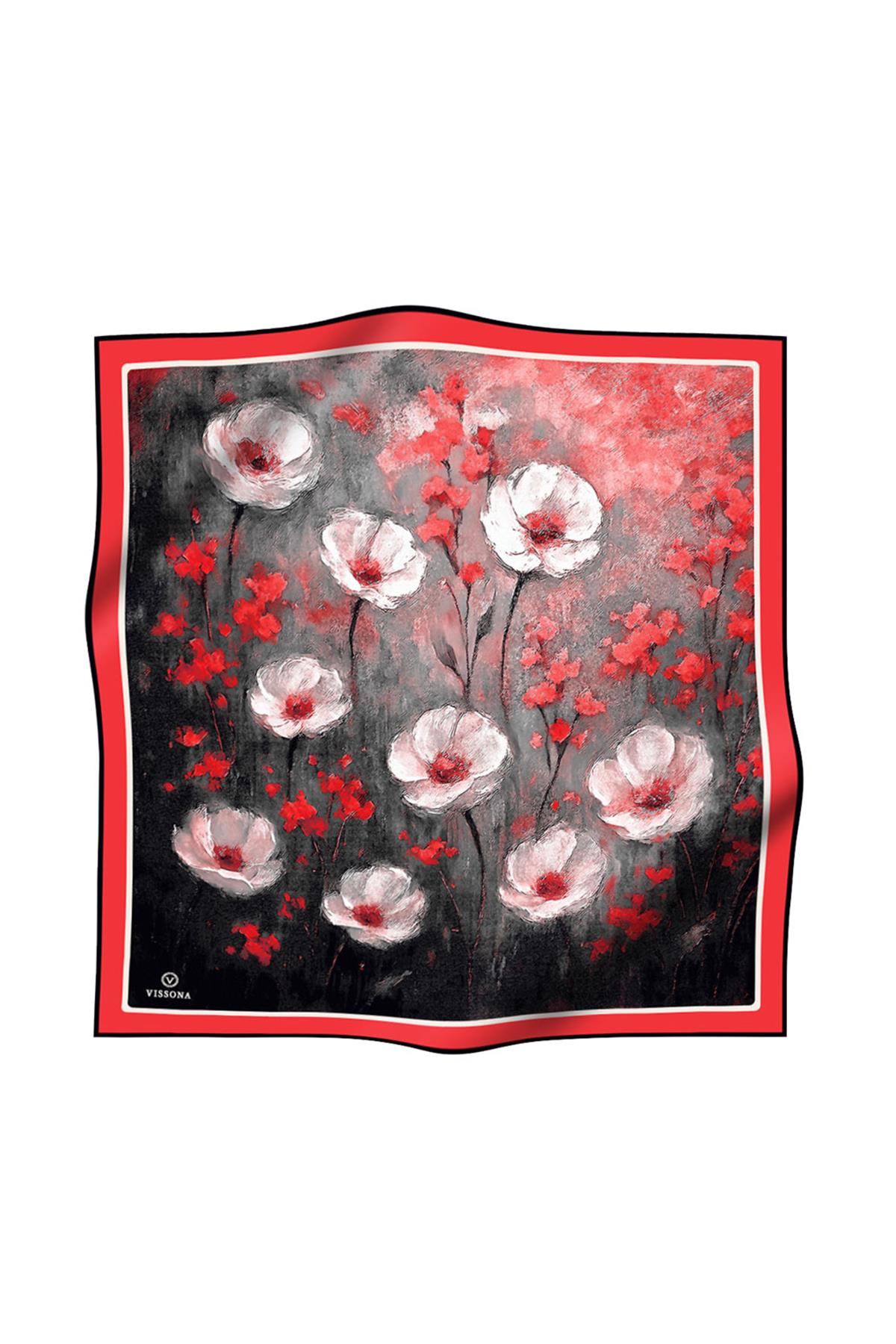 %100 Twill İpek Yağlı Boya Çiçek Desenli Nar Çiçeği Renkli 90x90 Eşarp Dikim Şekli : El Dikişi