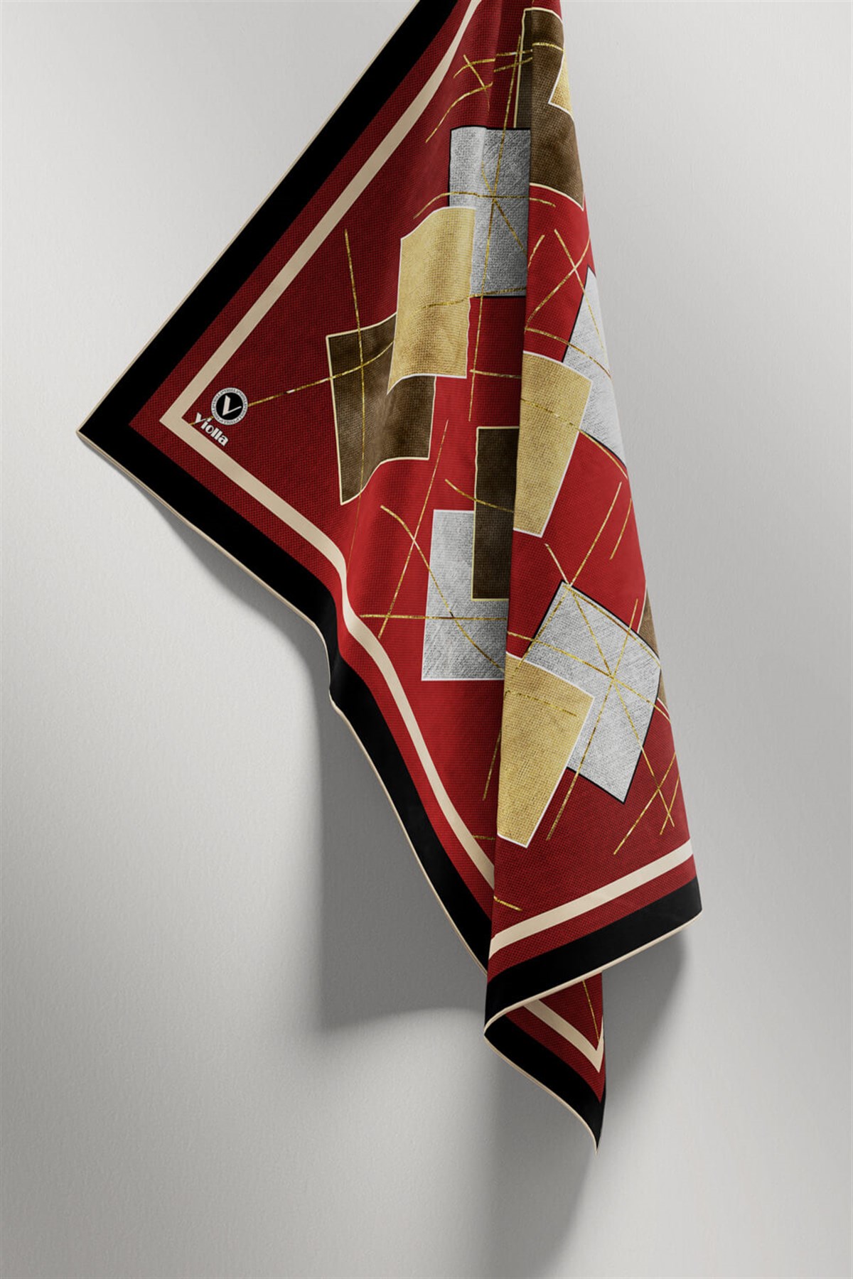 Twill Geometrik Desenli Bordo Renkli 90x90 Eşarp (İpek İçermez) Kenar Dikiş Şekli El Dikişli