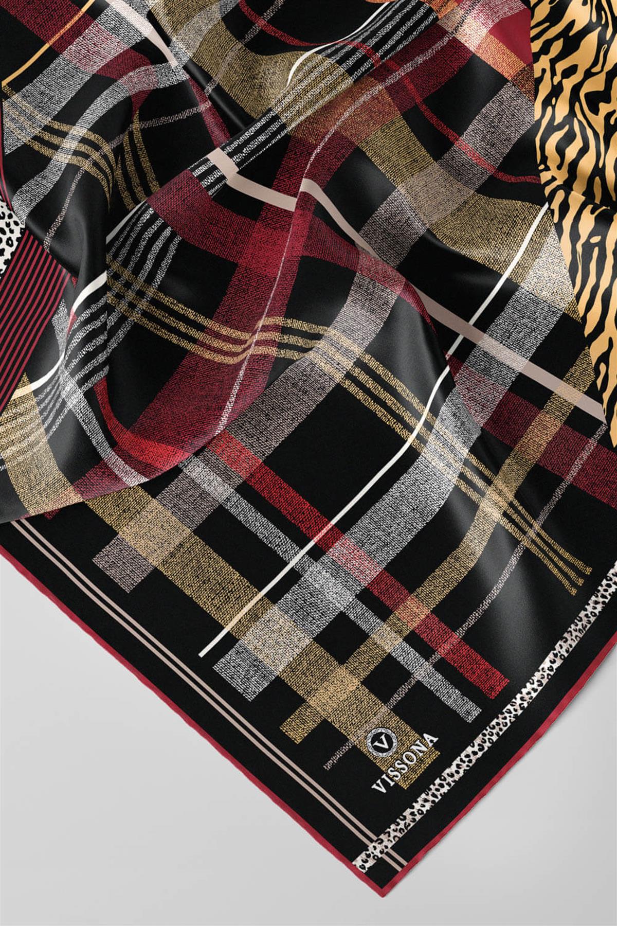 %100 Twill İpek Ekoseli Ve Leopar Desenli Siyah - Bordo Renkli 90x90 Eşarp Dikim Şekli : El Dikişi