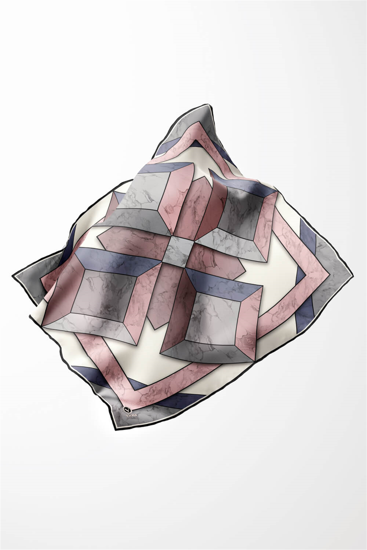 Twill Mermer Desenli Pudra - Bebe Mavisi Renkli 90x90 Eşarp (İpek İçermez) Kenar Dikiş Şekli El Dikişli
