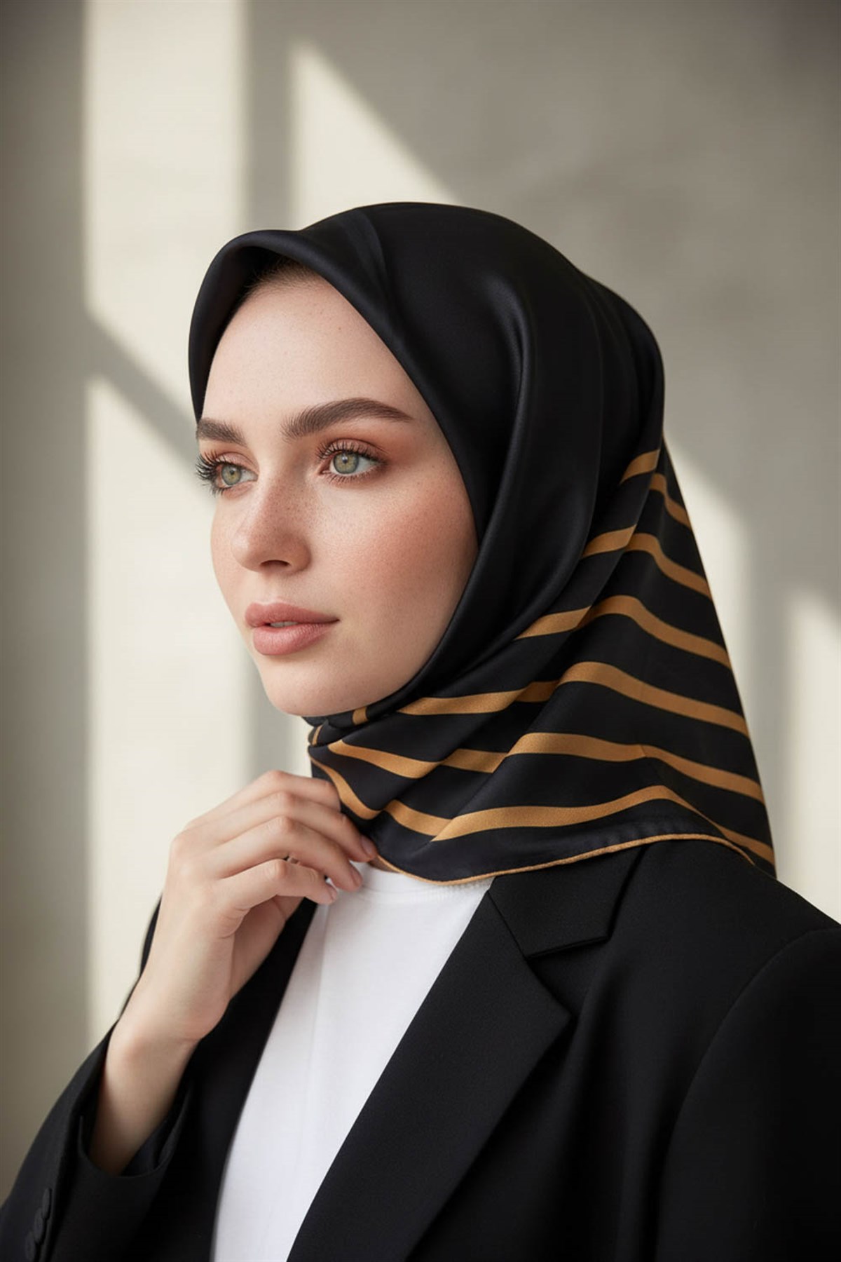%100 Twill İpek Çizgili Desenli Siyah - Gold Renkli 90x90 Eşarp Dikim Şekli : El Dikişi